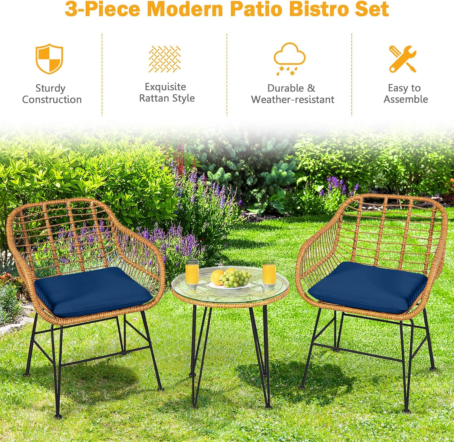Tangkula 3 Pieces Patio Bistro Set, Rattan Conversation Set with 2 Cushioned Armchairs & Round Glass Coffee Table, Indoor Outdoor Wicker Furniture Set for Balcony, Backyard, Garden, Poolside