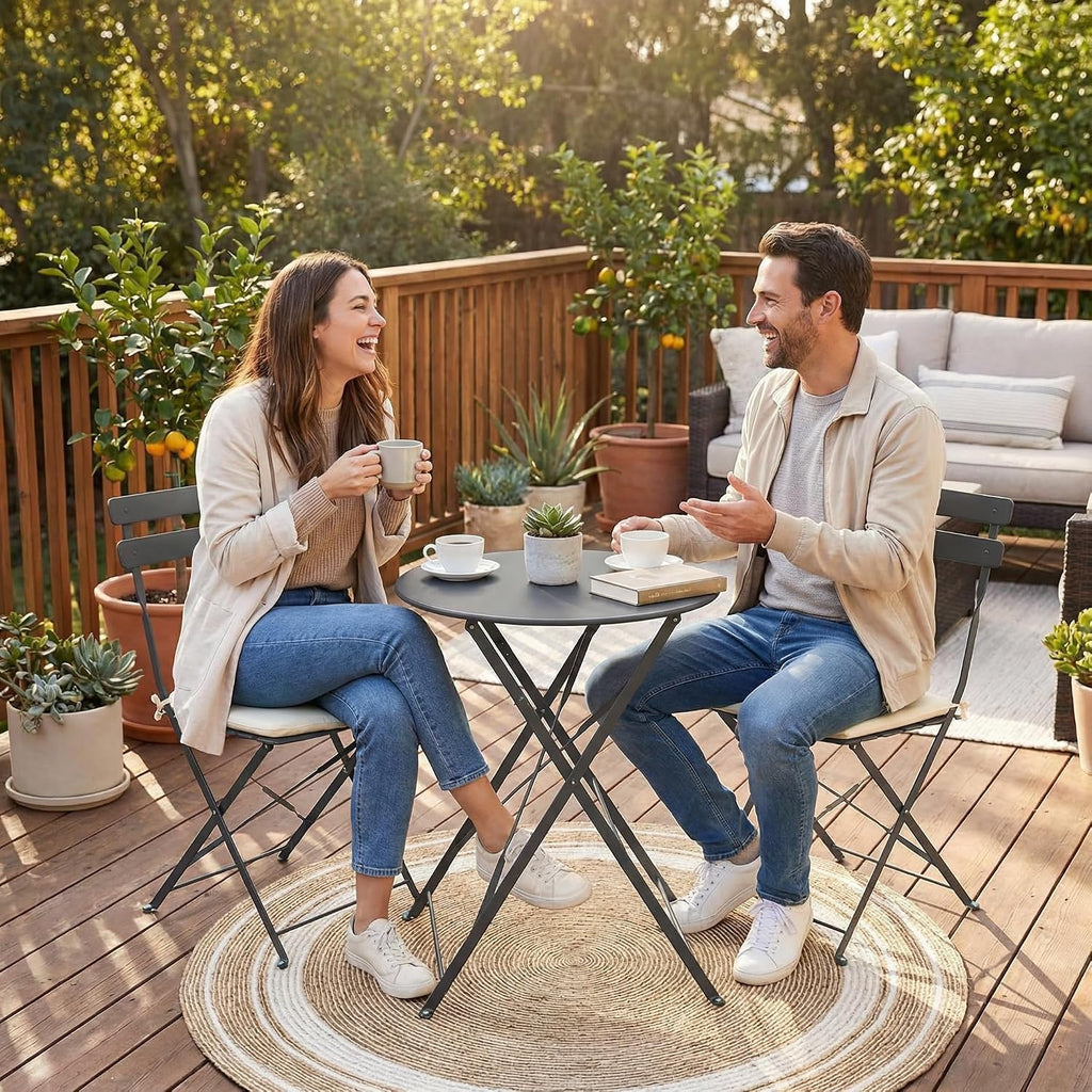 3-Piece Patio Bistro Set Outdoor Furniture Set Folding Bistro Table and Chairs with Premium Steel Frame Weather Resistant Conversation Set for Bistro Balcony Porch Yard Garden(grey with cushion)