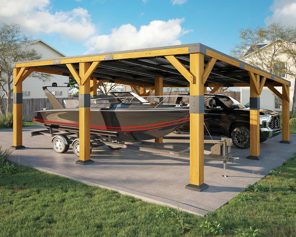 Jocisland 20x20x9.2 FT Cedar Wood Carport for 2 Cars, Heavy Duty Canopy Carport with Sloped Galvanized Steel Roof for All Weather, Permanent Shelter for Full-Sized Pickup Truck, Boat & Tractor