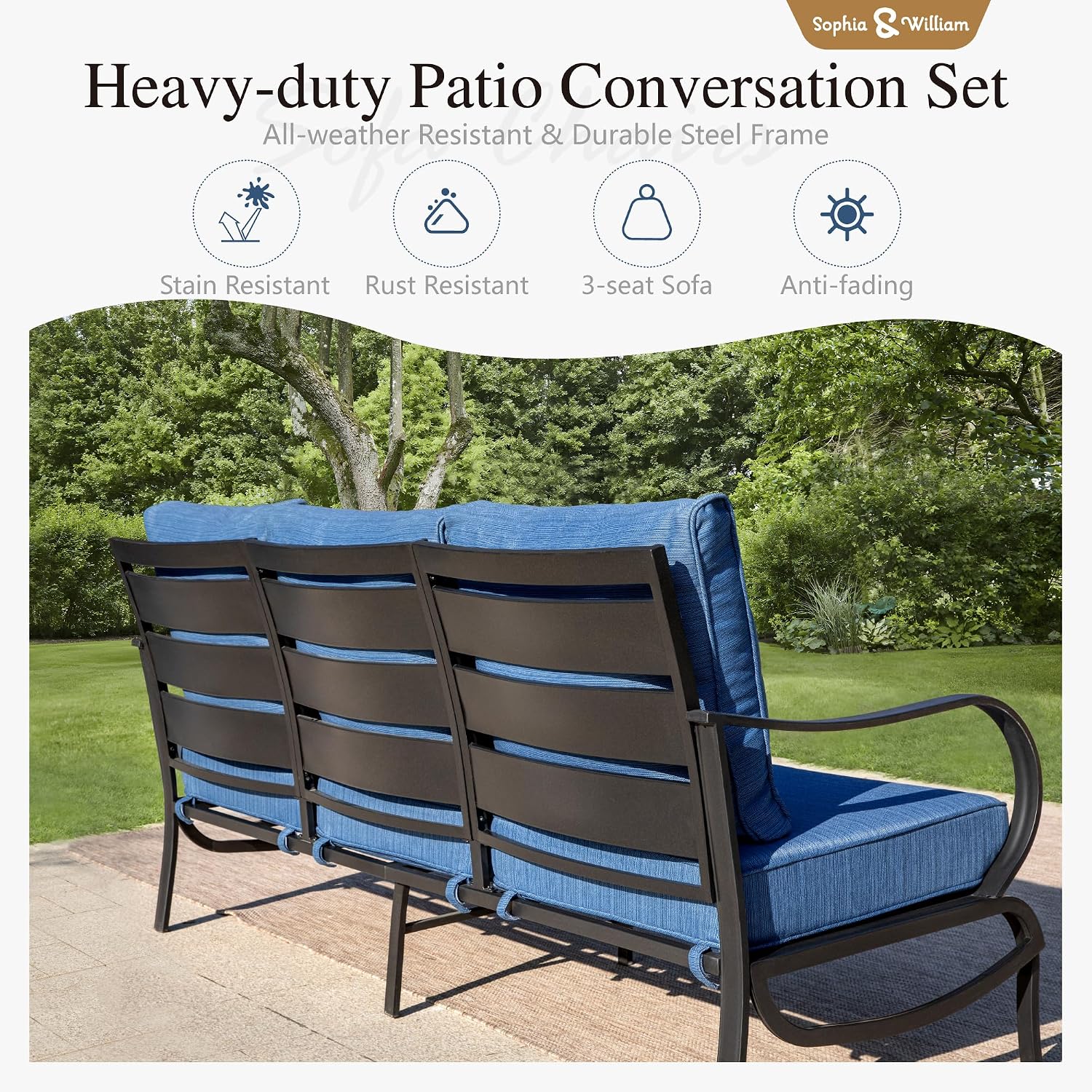 Sophia & William Patio Furniture Sets 5 Seats Outdoor Metal Conversation Sets with 2 x Cushioned Swivel Sofa Chairs,1 x 3-Seat Sofa, 1x Marbling Metal Coffee Table Lawn Backyard Poolside Peacock Blue