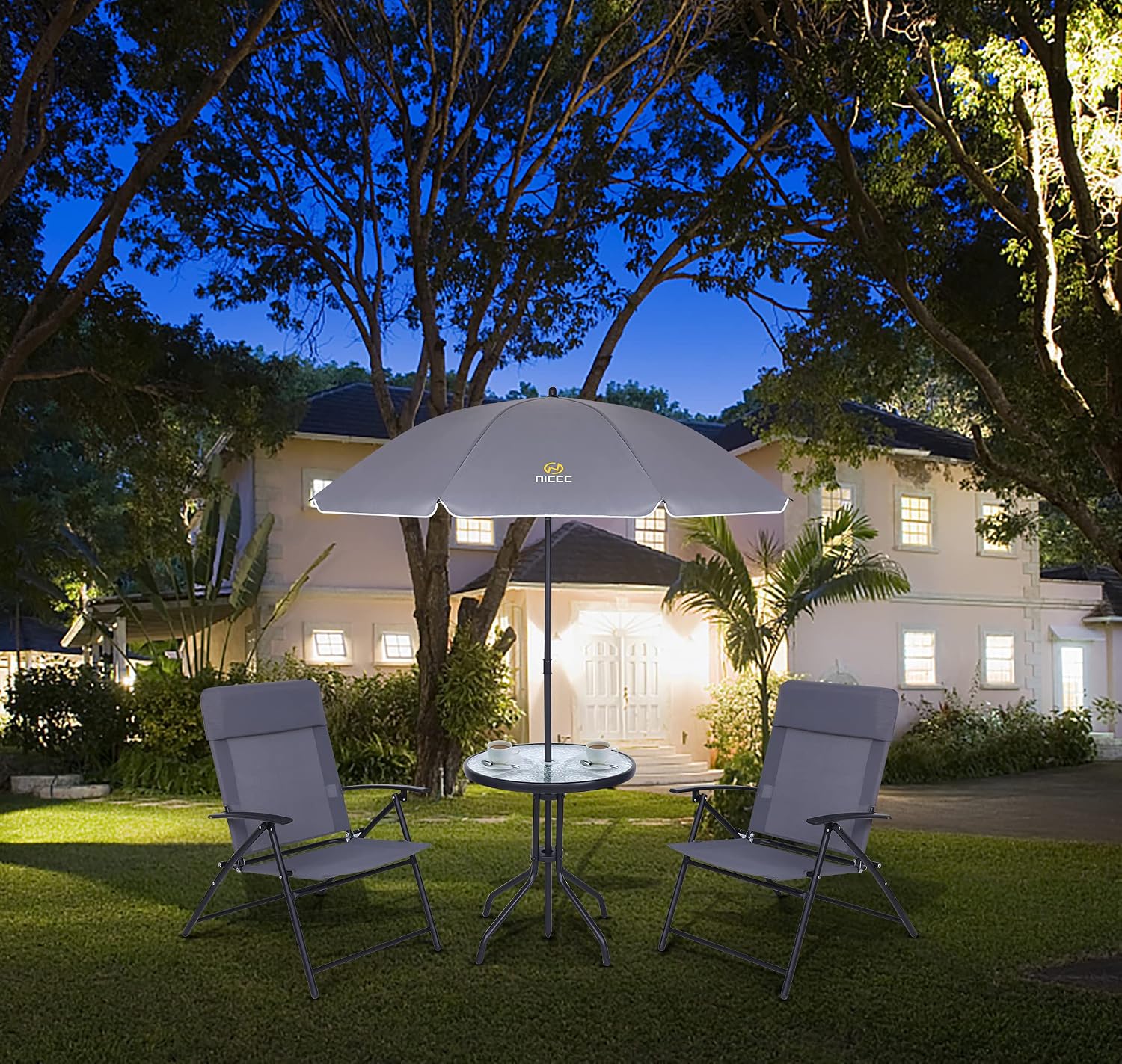 Nice C Patio Set with Umbrella, Outdoor Dinning Set, Patio Furniture Set, Patio Table Chair with Umbrella, Table and Chairs, 4-Piece Garden Furniture Set, Glass Table, 2 Folding Chairs&Umbrella (Grey)