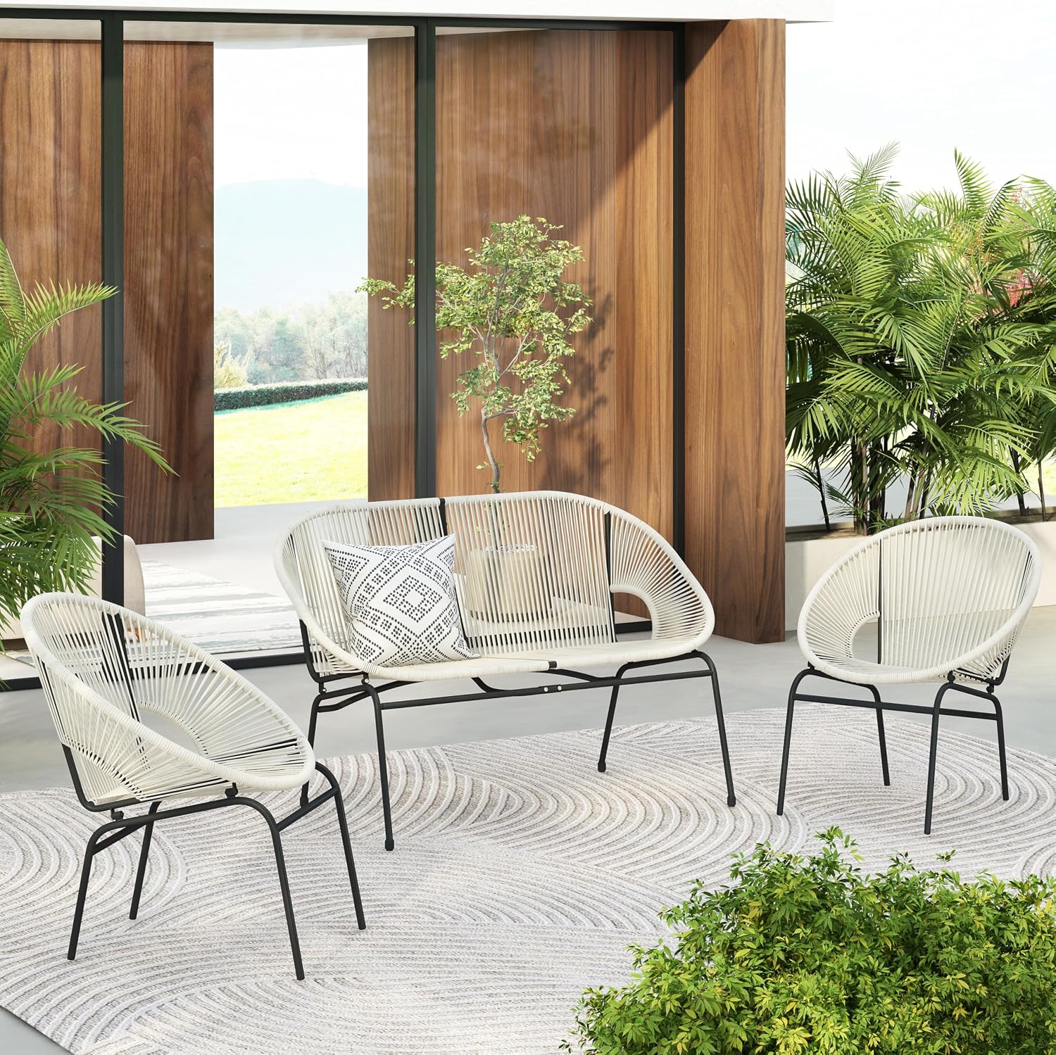 Christopher Knight Home Dessa 3 Piece Patio Furniture Set, Patio Wicker Accent Chair Set of 2 and Loveseat, Metal Frame 4 Seater Outdoor Papasan Lounge Chair Set, PE Rattan Outdoor Bistro Set, White