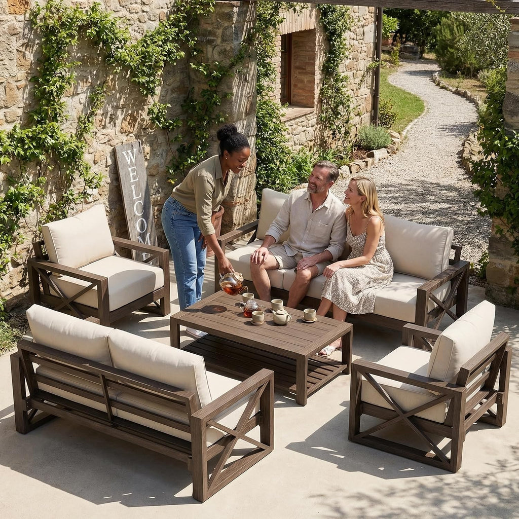 UDPATIO Aluminum Patio Furniture Set, Faux Wood Grain Modern Outdoor Furniture, 6' Cushions Metal Patio Conversation Sofa with Coffee Table for Poolside Deck, 5 PCS, Beige(Include 600D Covers)