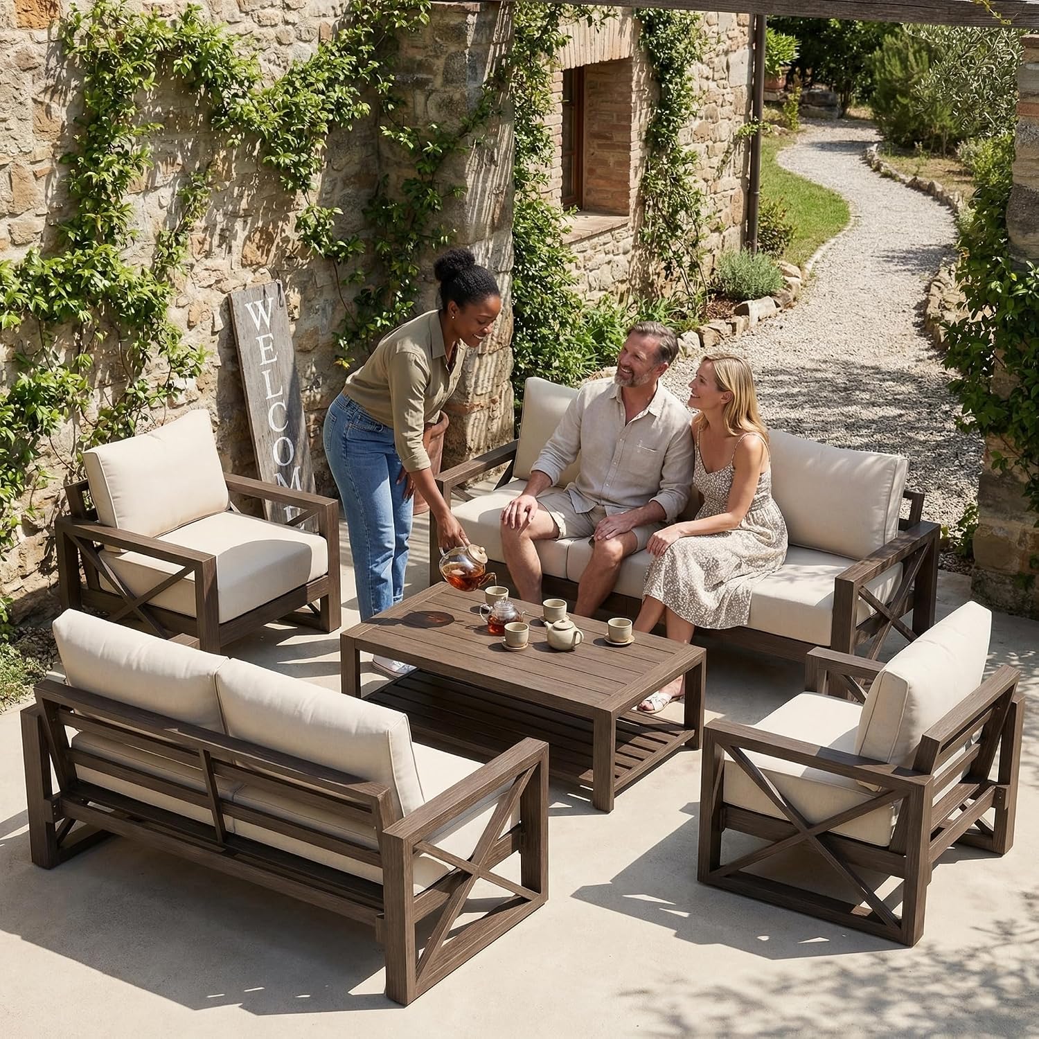 UDPATIO Aluminum Patio Furniture Set, Faux Wood Grain Modern Outdoor Furniture, 6' Cushions Metal Patio Conversation Sofa with Coffee Table for Poolside Deck, 5 PCS, Beige(Include 600D Covers)