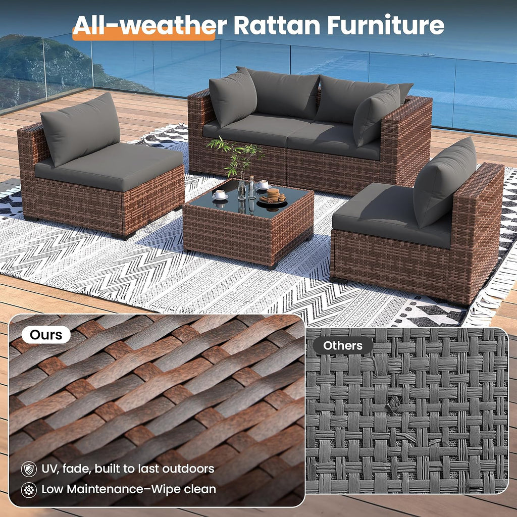 UDPATIO Patio Furniture Set with Fire Pit Table, 5 Piece Outdoor Sectional Sofas, All-Weather Wicker Conversation for Garden, Backyard, Grey