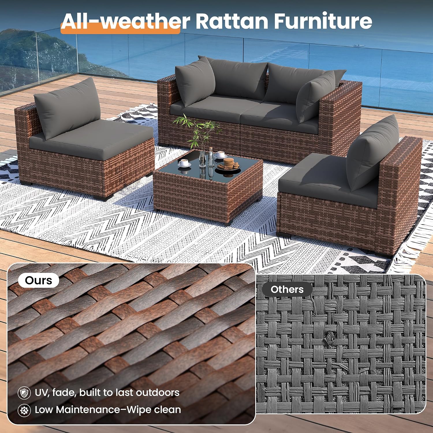 UDPATIO Patio Furniture Set with Fire Pit Table, 5 Piece Outdoor Sectional Sofas, All-Weather Wicker Conversation for Garden, Backyard, Grey