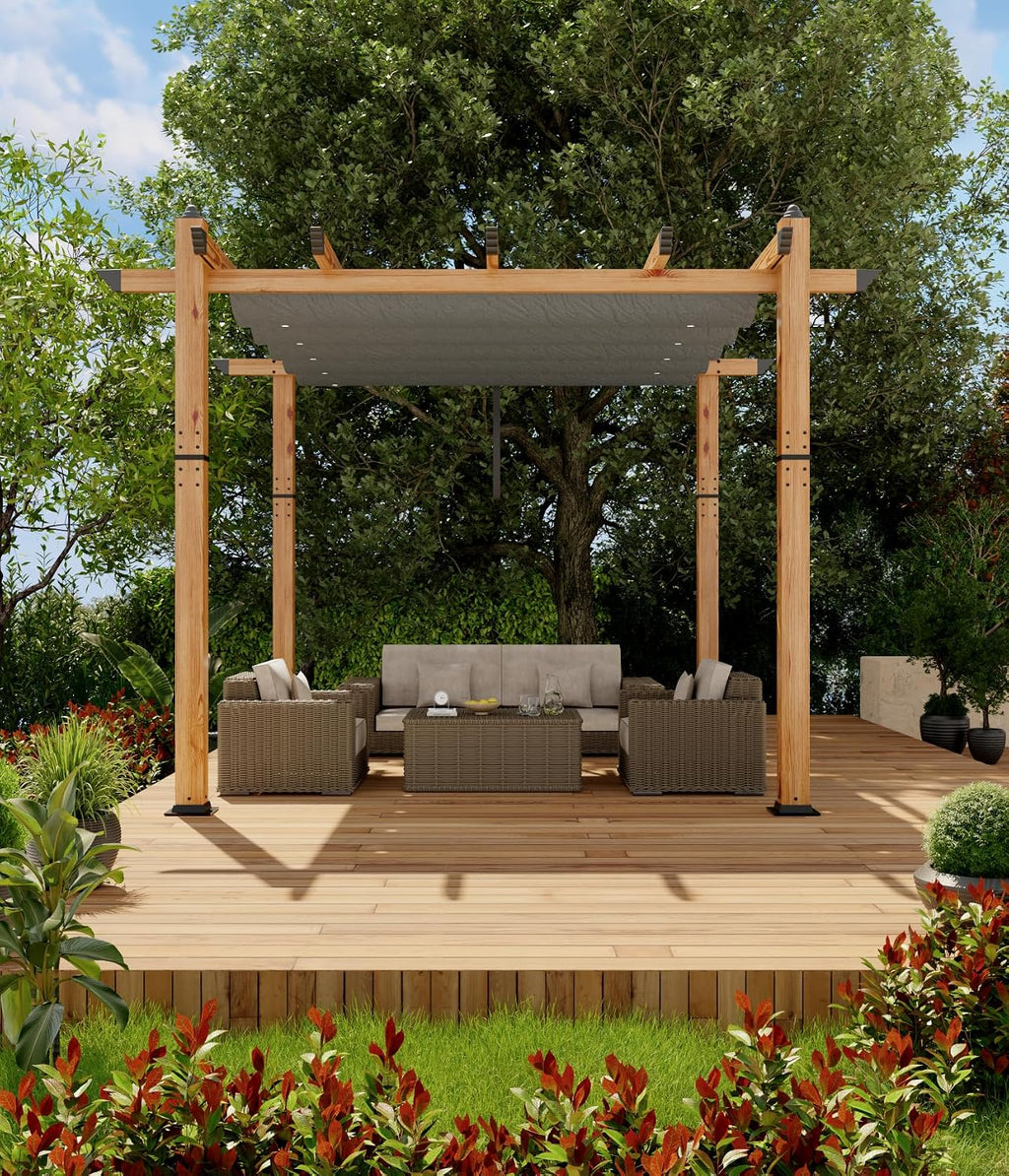 10' X 10' Outdoor Pergola with Retractable Canopy Aluminum Pergola Faux Wood Metal Pergolas Shelter for Backyard, Deck, Patio, Garden Porch Beach Sun Shade Pavilion Grape Trellis Grill, Gray