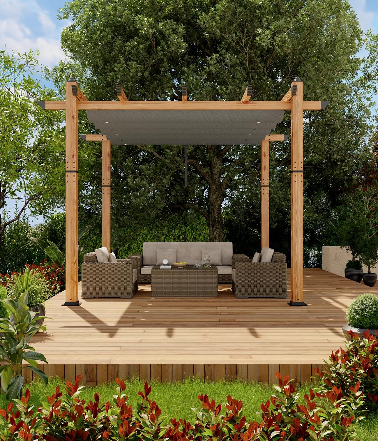10' X 10' Outdoor Pergola with Retractable Canopy Aluminum Pergola Faux Wood Metal Pergolas Shelter for Backyard, Deck, Patio, Garden Porch Beach Sun Shade Pavilion Grape Trellis Grill, Gray