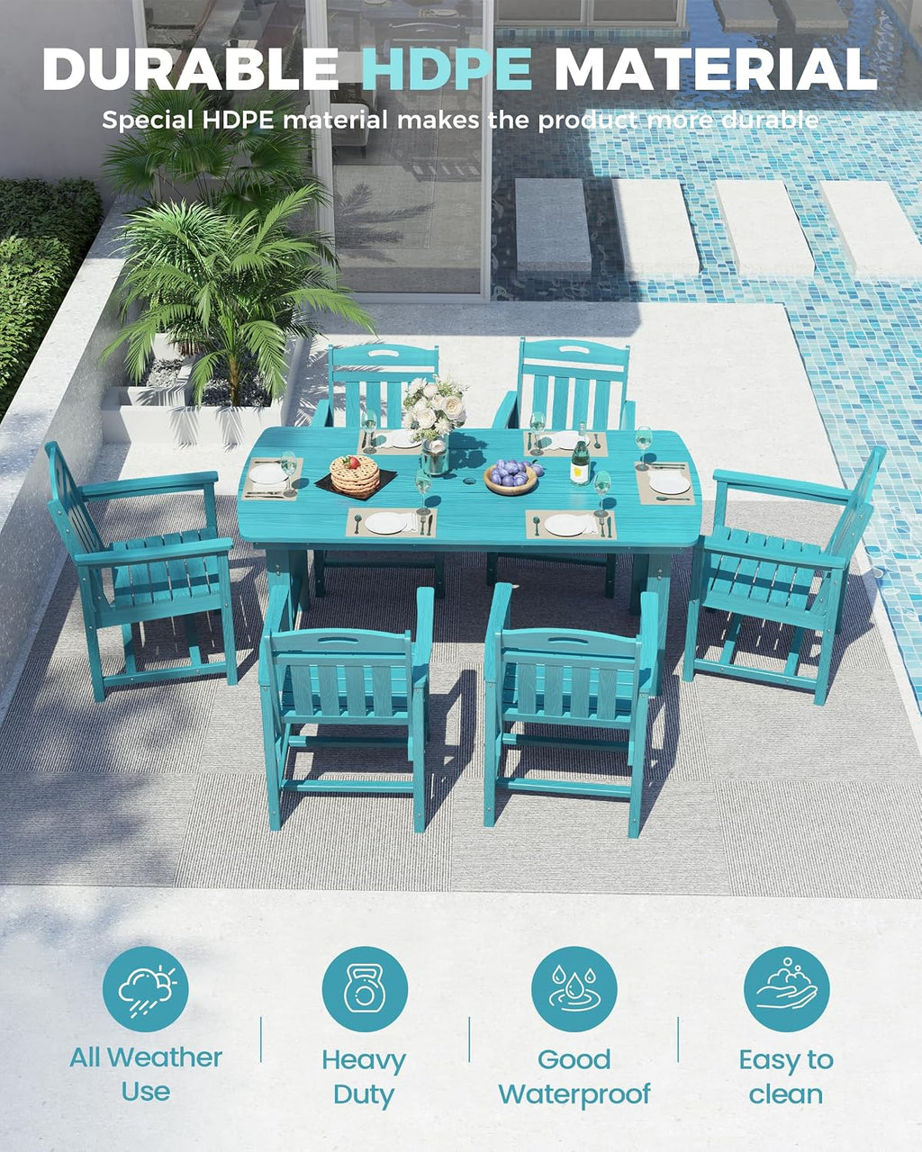 Ciokea HDPE Outdoor Dining Set, 7-Piece Patio Table and Chairs Set with Umbrella Hole, All-Weather Patio Dining Sets for 6, Durable Patio Furniture for Backyard, Garden, Lawn & Poolside, Lake Blue