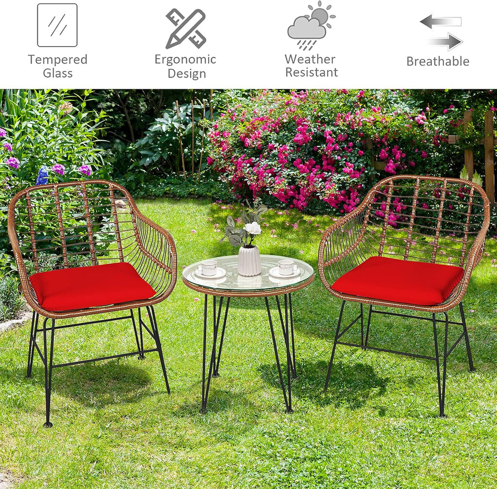 Tangkula 3 Pieces Patio Conversation Bistro Set, Outdoor Wicker Furniture w/Round Tempered Glass Top Table & 2 Rattan Armchairs, Bistro Chat Set w/Seat Cushions for Porch, Backyard, Garden