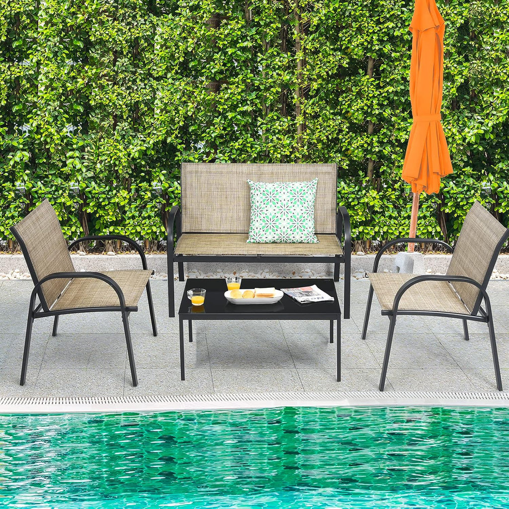 Tangkula 4 Pieces Patio Furniture Set, Metal Frame Heavy Duty Outdoor Conversation Set, Includes Glass Top Coffee Table, 2 Armrest Chairs and Loveseat, Suitable for Lawn Garden Porch Balcony (Brown)