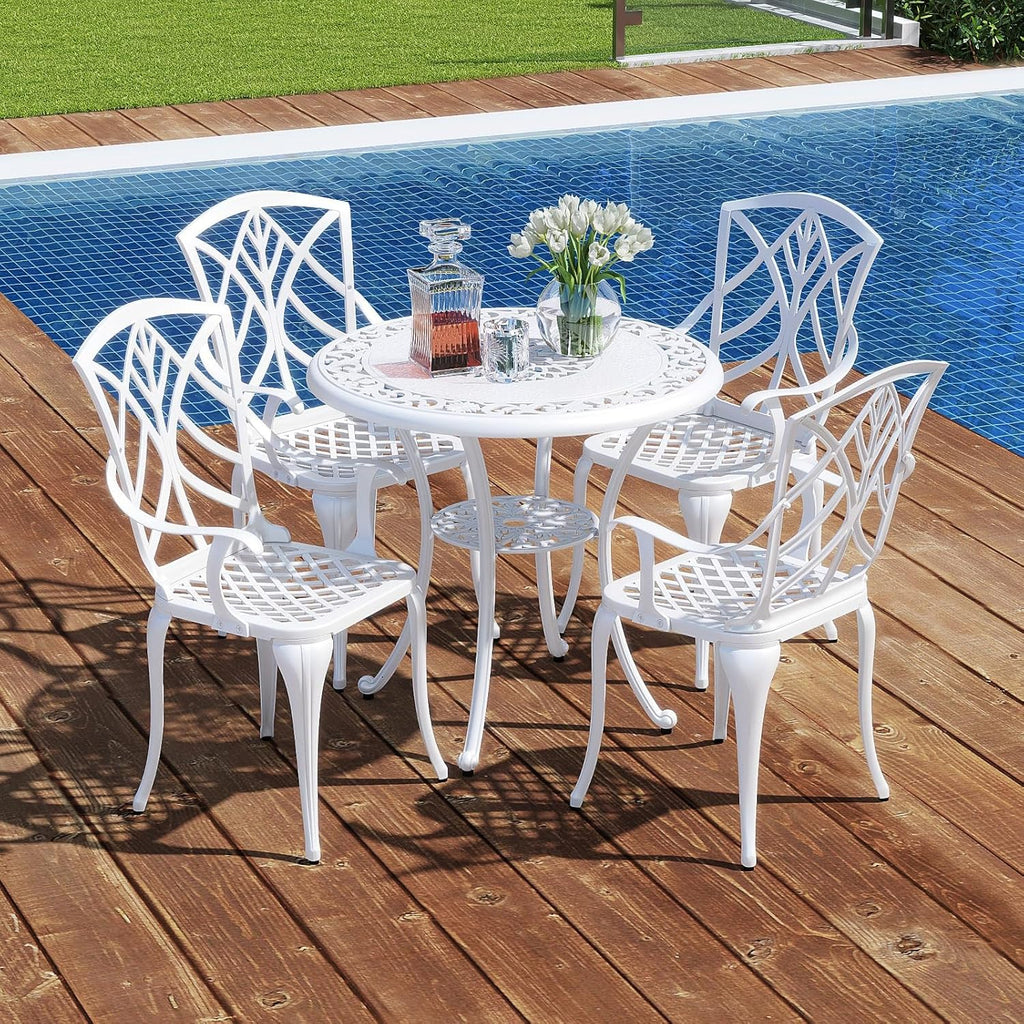 Tangkula 5 Pieces Cast Aluminum Outdoor Dining Set, Round Dining Table with 2' Umbrella Hole & 4 Armchairs, All-Weather Outdoor Furniture Set for Patio, Balcony, Garden & Backyard, White