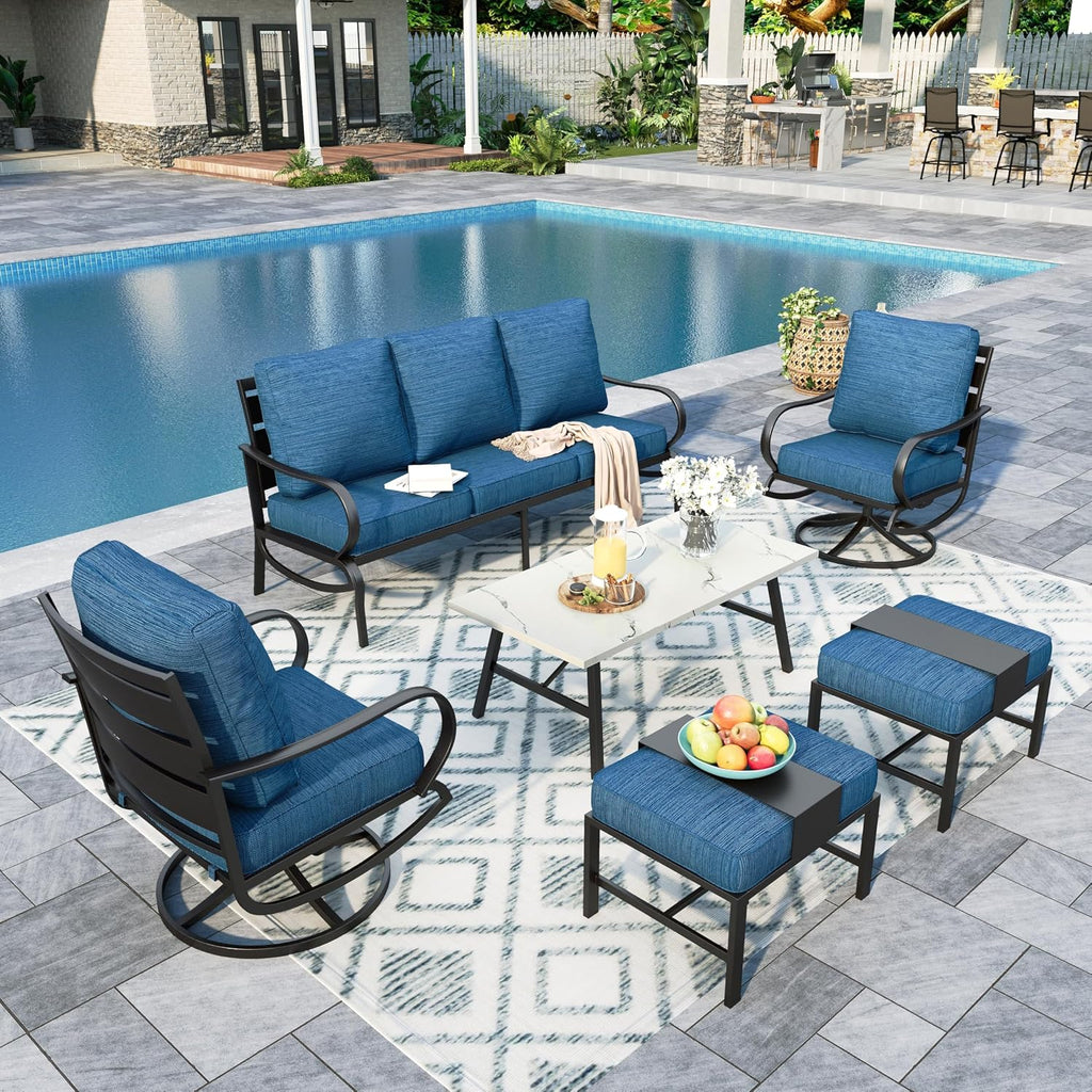 Sophia & William Patio Furniture Sets 6 Pcs Outdoor Conversation Set for 7,2 x Cushioned Swivel Sofa Chairs,1 x 3-Seat Sofa,2 Ottomans, Marbling Metal Coffee Table Backyard Poolside Peacock Blue
