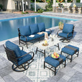 Sophia & William Patio Furniture Sets 6 Pcs Outdoor Conversation Set for 7,2 x Cushioned Swivel Sofa Chairs,1 x 3-Seat Sofa,2 Ottomans, Marbling Metal Coffee Table Backyard Poolside Peacock Blue