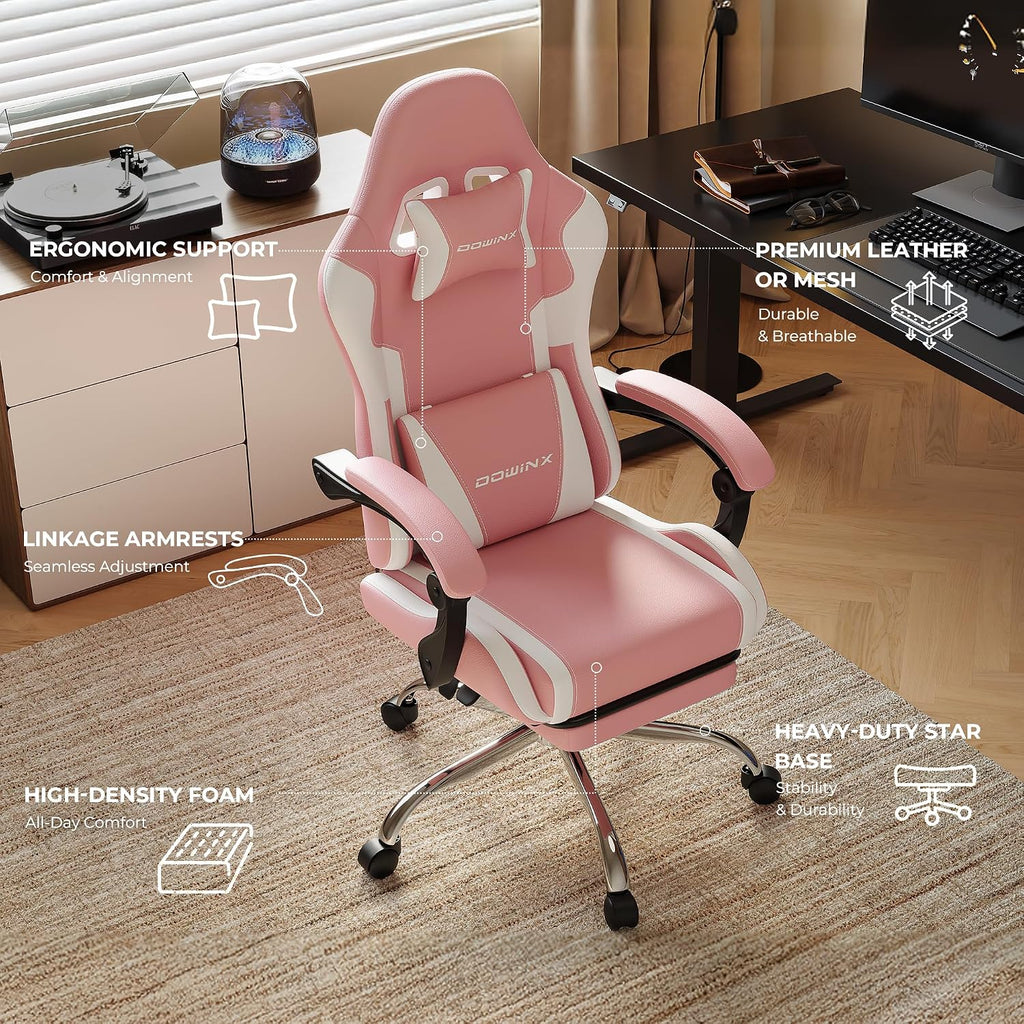 Pink Gaming Chair with Footrest and Massage Lumbar Support, Ergonomic Reclining Computer Chair 330lbs with Adjustable Height and Headrest Pillow, Cute Aesthetic Esports Chair for Girls, Pink