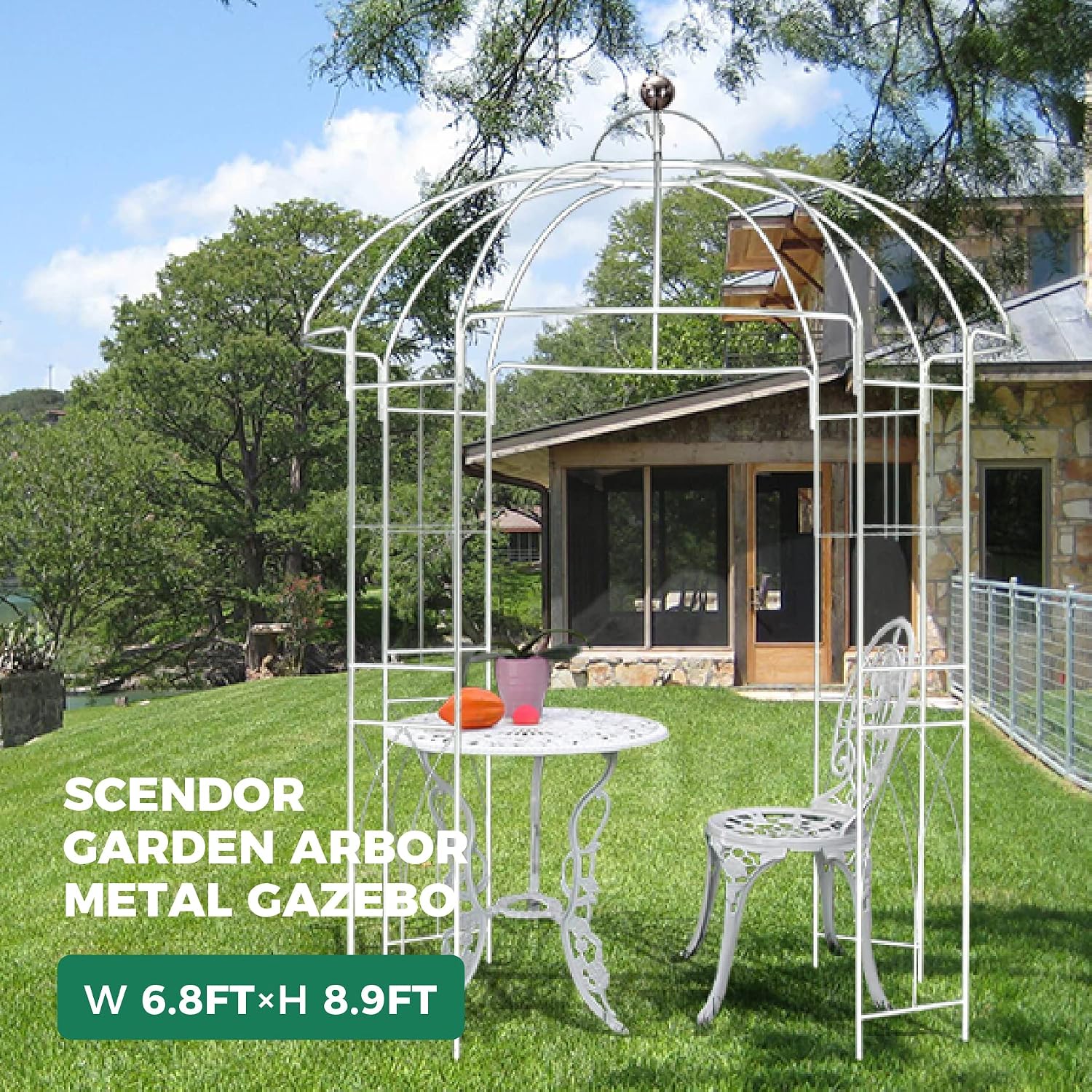 Birdcage Shape Garden Arches Arbors,9' High x 6.8' Wide,Metal Gazebo White Enduring Iron Trellis Plants Stand Use for Outdoor Garden Climbing Plants Wedding Arches Ceremony