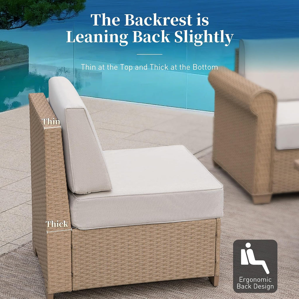 SUNSHINE VALLEY Patio Furniture Set, Wicker Outdoor Furniture Sectional Sofa with Fire Pit Table, 5 Seats Modular Conversation Set with 5.5' Thick Waterproof Cushion for Garden Deck Backyard, Beige