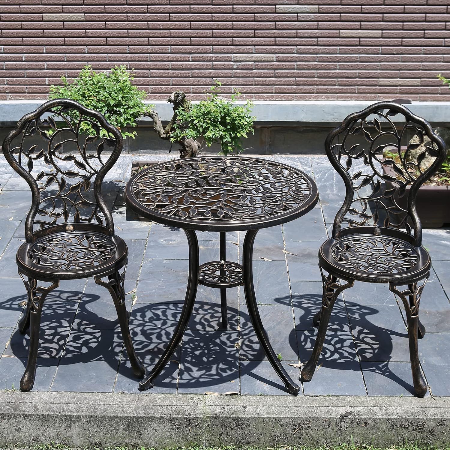 YKSY&YKSY Patio Bistro Set.Rust-Resistant Cast Aluminum Bistro Table Set with Umbrella Hole for Backyard (Leaf DESIGNCOPPER)