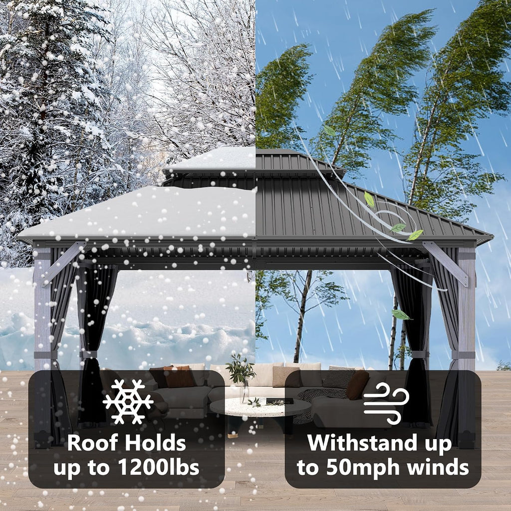 12'x14' Hardtop Wood Gazebo, Outdoor Double Roof Galvanized Steel Top Gazebo with Wooden Post, Curtains & Netting for Backyard, Patio, Deck (12x14 FT)