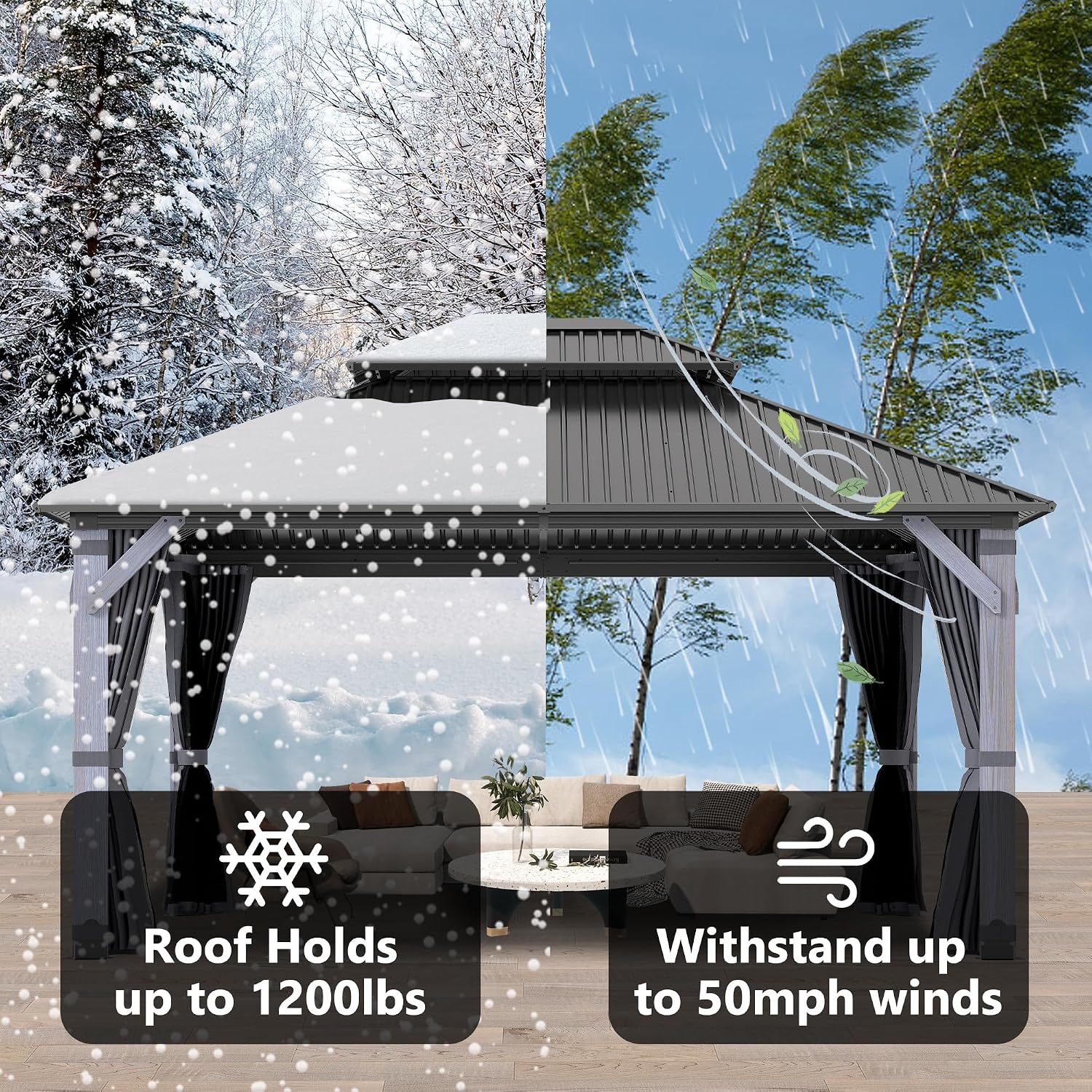 12'x14' Hardtop Wood Gazebo, Outdoor Double Roof Galvanized Steel Top Gazebo with Wooden Post, Curtains & Netting for Backyard, Patio, Deck (12x14 FT)