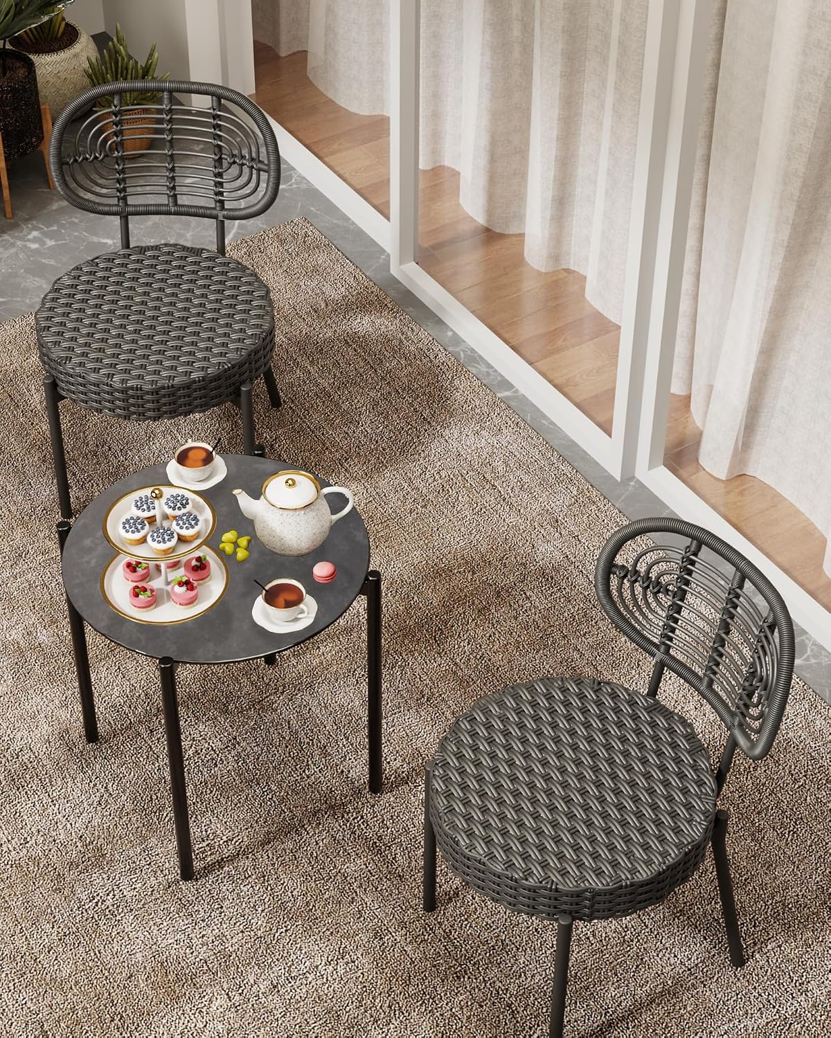 GarveeLife 3 Piece Wicker Patio Bistro Furniture Set, Outdoor Dining Chairs, Includes 2 Rattan Chairs and Tempered Glass Table, for Garden, Backyard, Balcony, Apartment, Black & Grey