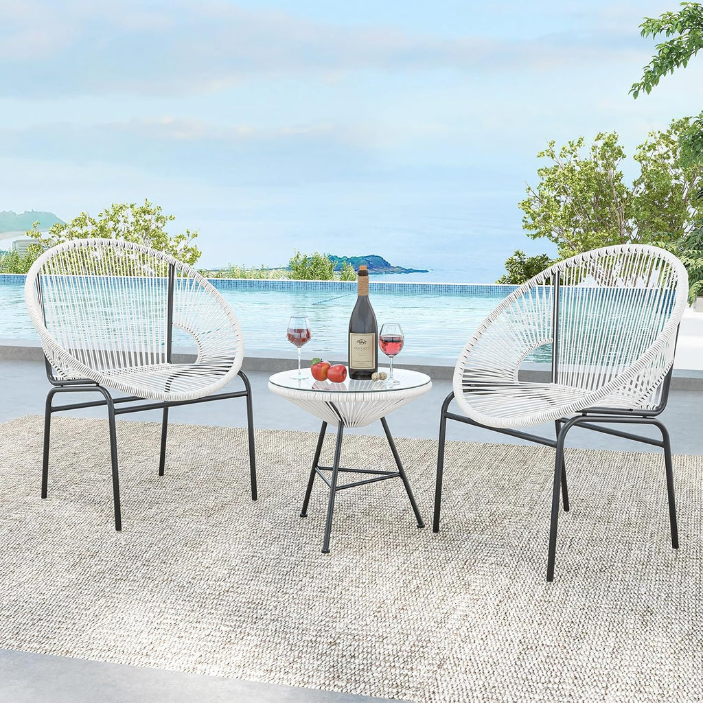 Tangkula 3 Piece Outdoor Patio Furniture Set, Acapulco Chair Set w/Plastic Rope, Tempered Glass Table, All Weather Patio Bistro Set for Patio, Lawn, Garden, Backyard