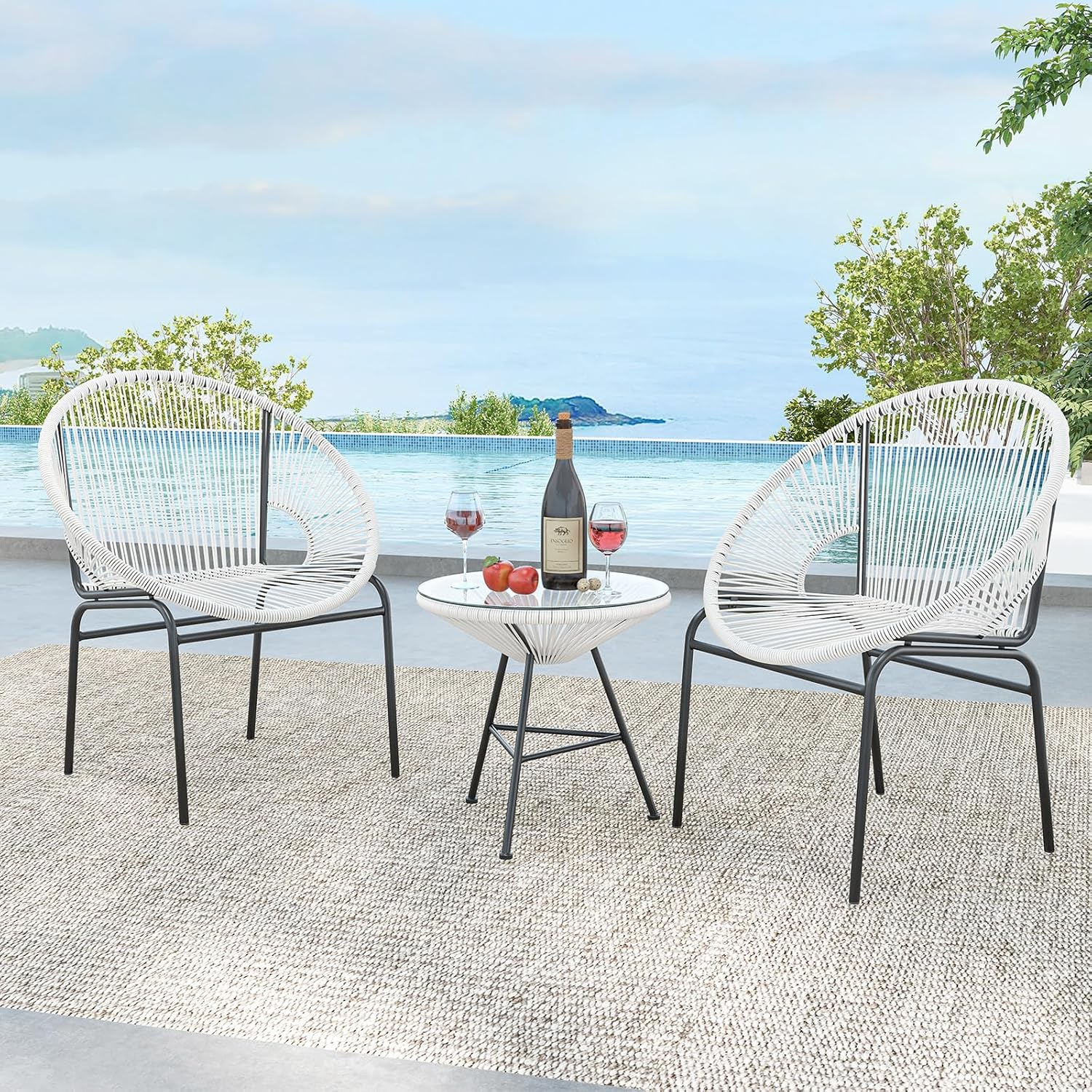 Tangkula 3 Piece Outdoor Patio Furniture Set, Acapulco Chair Set w/Plastic Rope, Tempered Glass Table, All Weather Patio Bistro Set for Patio, Lawn, Garden, Backyard