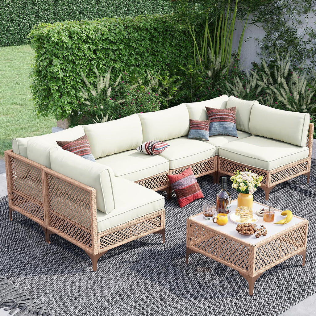 Outdoor Patio Furniture Set, Wicker Outdoor Sectional Set, Boho Patio Conversation Sectional Sofa with Large Tempered Glass Coffee Table and Waterproof Cushion (Large Size 7-Piece Patio Furniture)