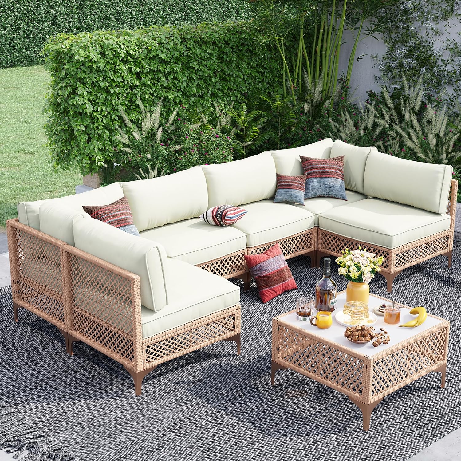 Outdoor Patio Furniture Set, Wicker Outdoor Sectional Set, Boho Patio Conversation Sectional Sofa with Large Tempered Glass Coffee Table and Waterproof Cushion (Large Size 7-Piece Patio Furniture)