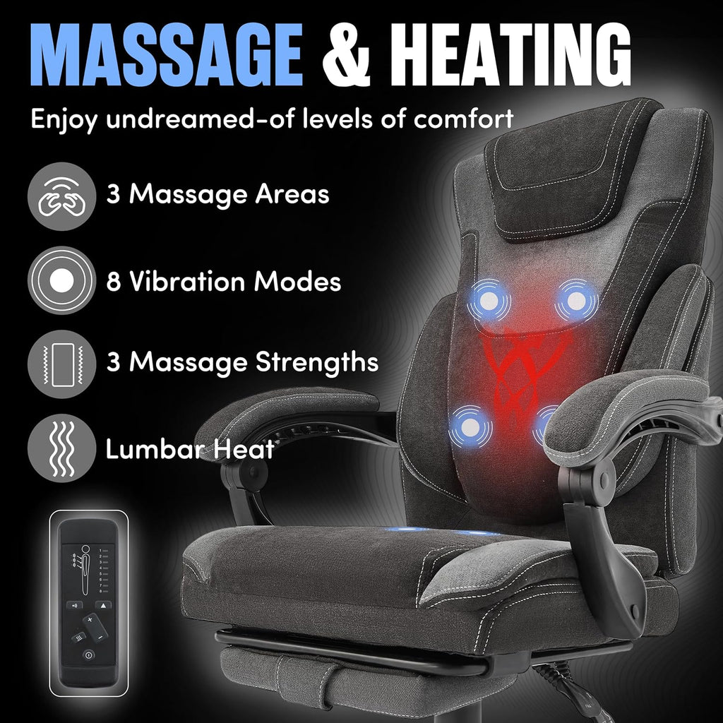Massage Office Chair with Footrest,6-Point Vibration and Heat Executive Office Chairs,Ergonomic Desk Chair for Heavy People,500LBS Big and Tall Fabric Office Chair,Reclining Managerial Chair,Blackgrey