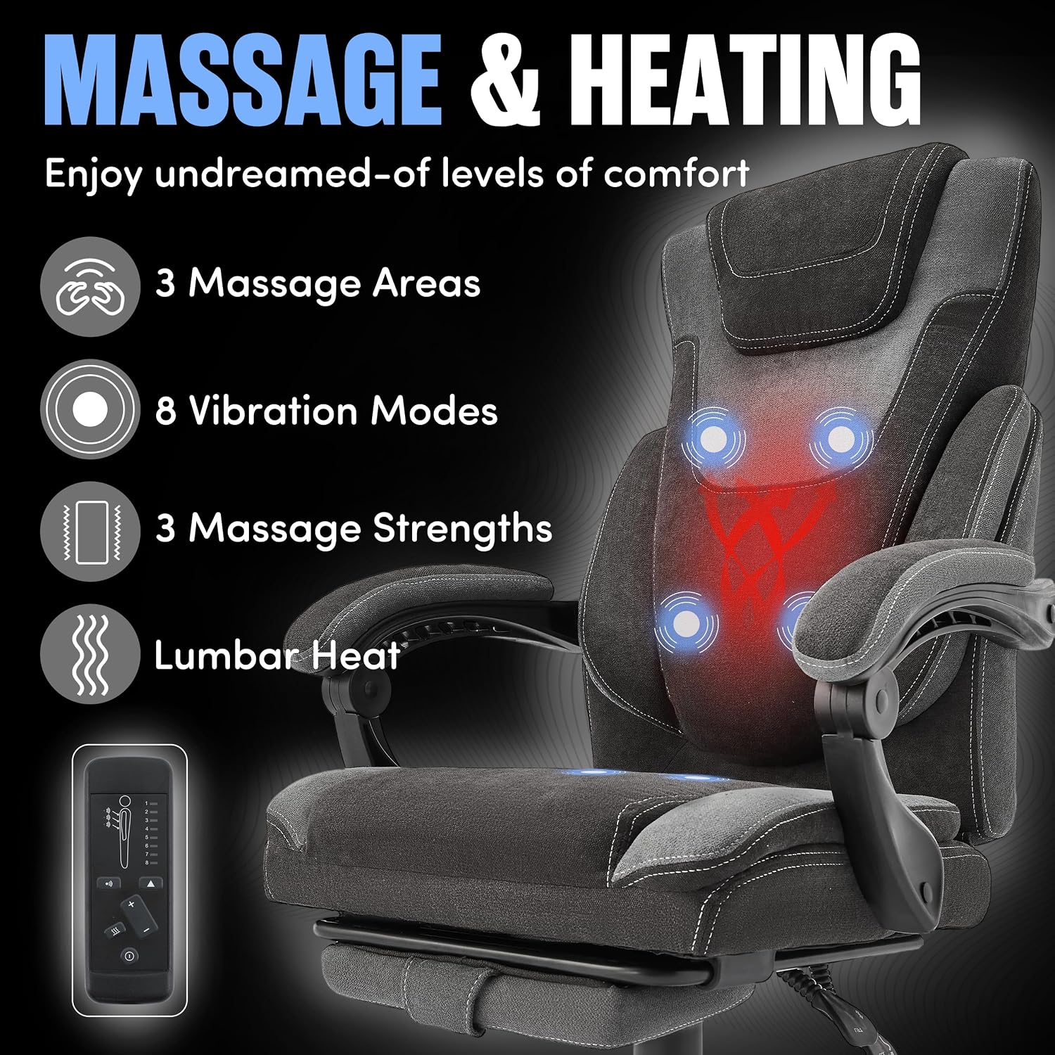 Massage Office Chair with Footrest,6-Point Vibration and Heat Executive Office Chairs,Ergonomic Desk Chair for Heavy People,500LBS Big and Tall Fabric Office Chair,Reclining Managerial Chair,Blackgrey