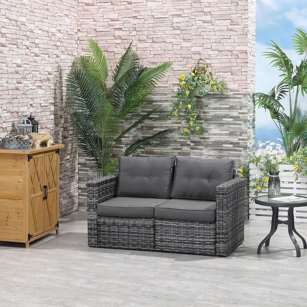 Outsunny 2 Piece Patio Wicker Corner Sofa Set, Outdoor PE Rattan Furniture, with Curved Armrests and Padded Cushions for Balcony, Garden, or Lawn, Gray