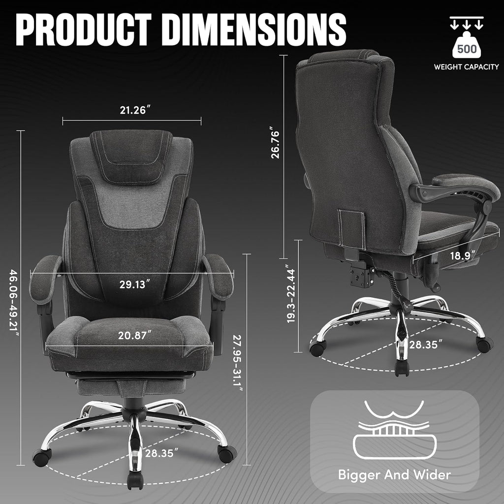 Massage Office Chair with Footrest,6-Point Vibration and Heat Executive Office Chairs,Ergonomic Desk Chair for Heavy People,500LBS Big and Tall Fabric Office Chair,Reclining Managerial Chair,Blackgrey