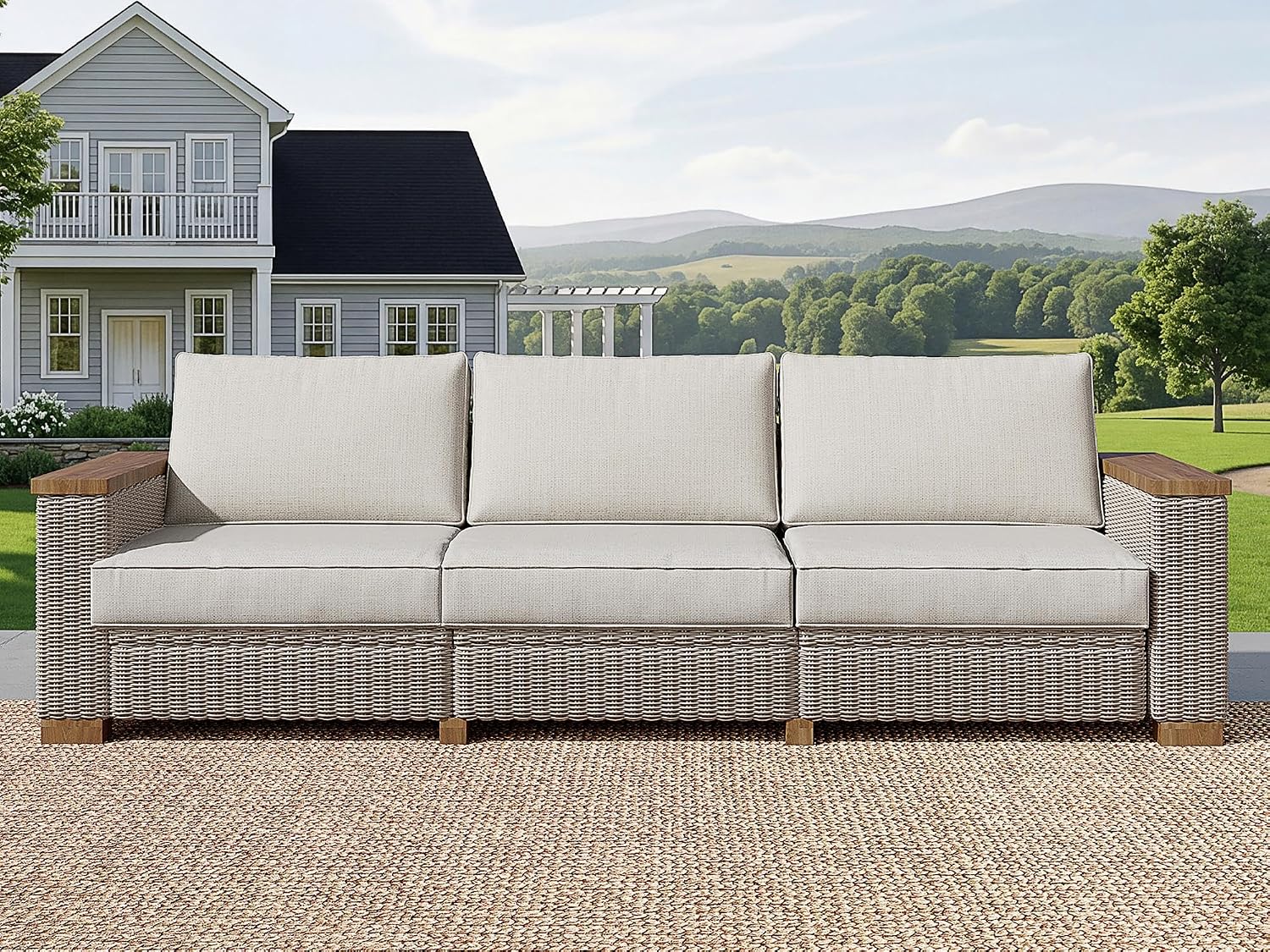 PaPaJet Outdoor Patio Sofa, 3 Seat Wicker Couch with Solid Armrests & Legs, 4.7' Thickened Removable Cushions, UV-Resistant Modular Sofa for Porch, Backyard, Garden