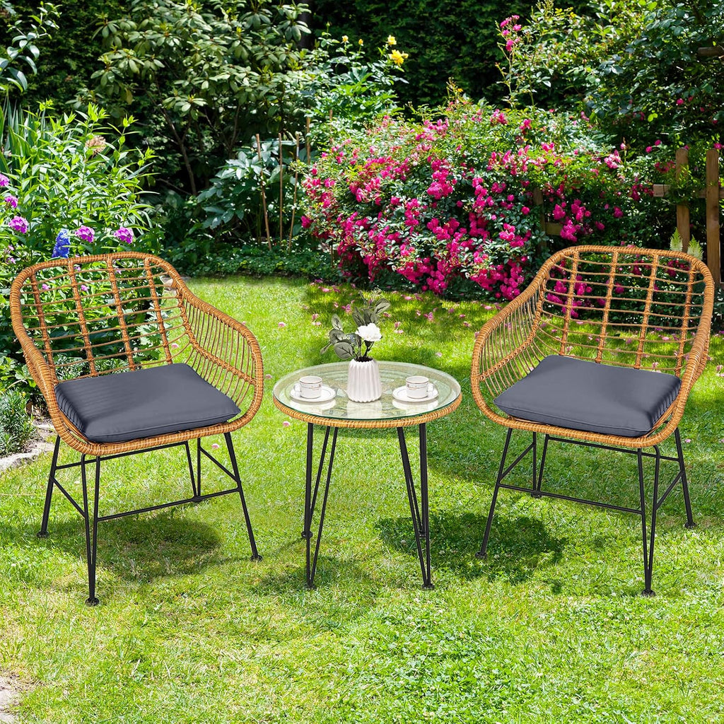 Tangkula 3 Pieces Patio Bistro Set, Rattan Conversation Set with 2 Cushioned Armchairs & Round Glass Coffee Table, Indoor Outdoor Wicker Furniture Set for Balcony, Backyard, Garden, Poolside