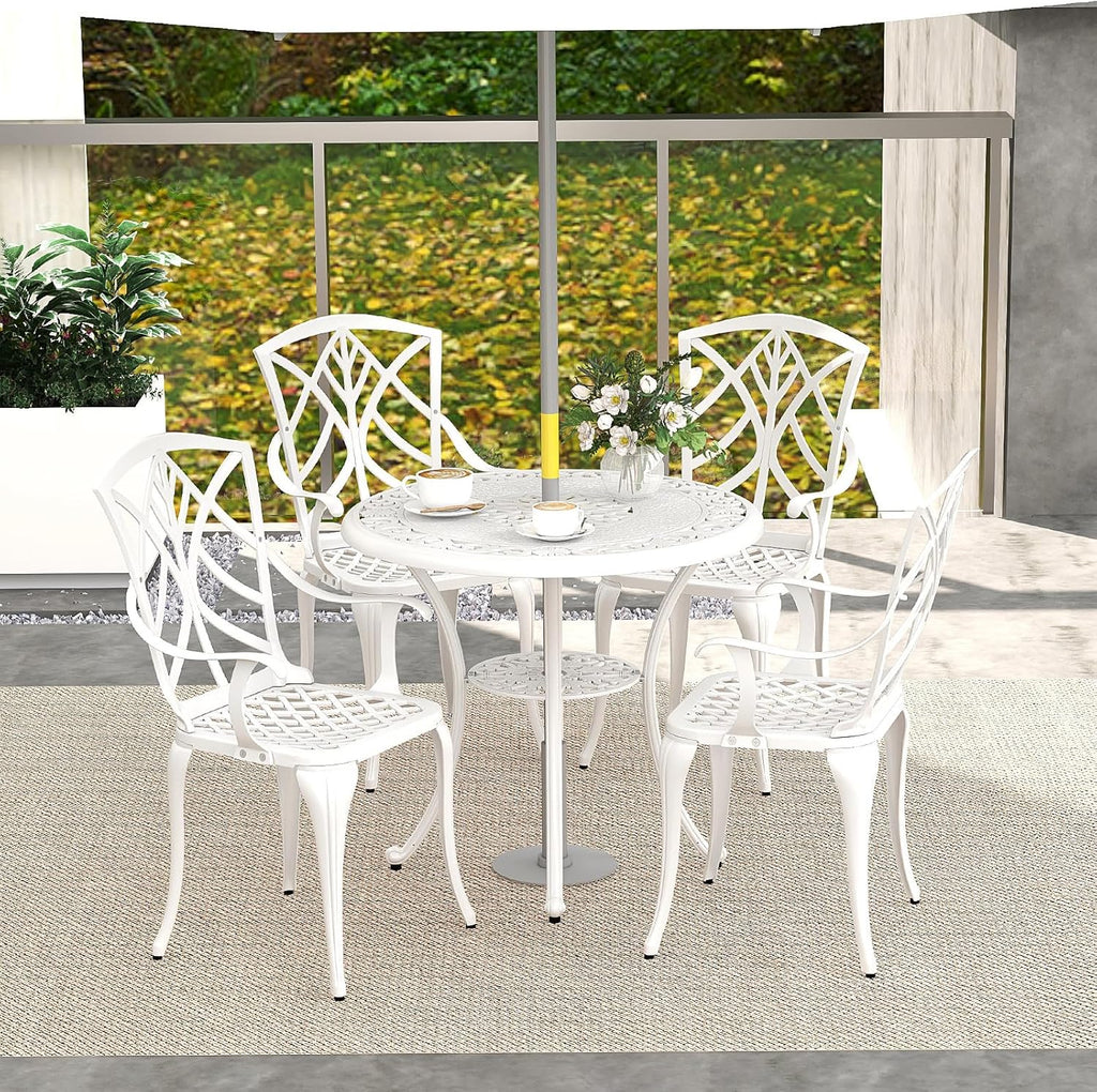 Tangkula 5 Pieces Cast Aluminum Outdoor Dining Set, Round Dining Table with 2' Umbrella Hole & 4 Armchairs, All-Weather Outdoor Furniture Set for Patio, Balcony, Garden & Backyard, White