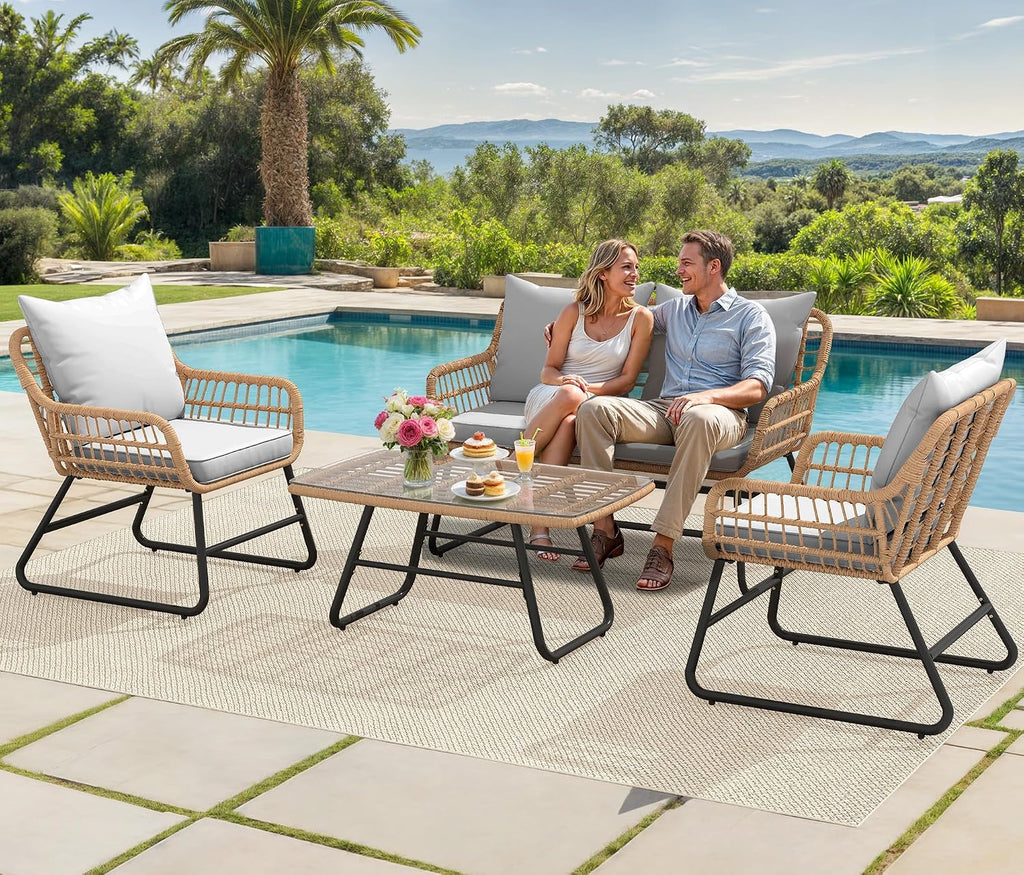 YITAHOME 4-Piece Patio Furniture Set, Wicker Outdoor Bistro Set, All Weather Rattan Patio Conversation Set with Soft Cushions and Glass Side Table for Backyard, Balcony, Deck - Light Grey
