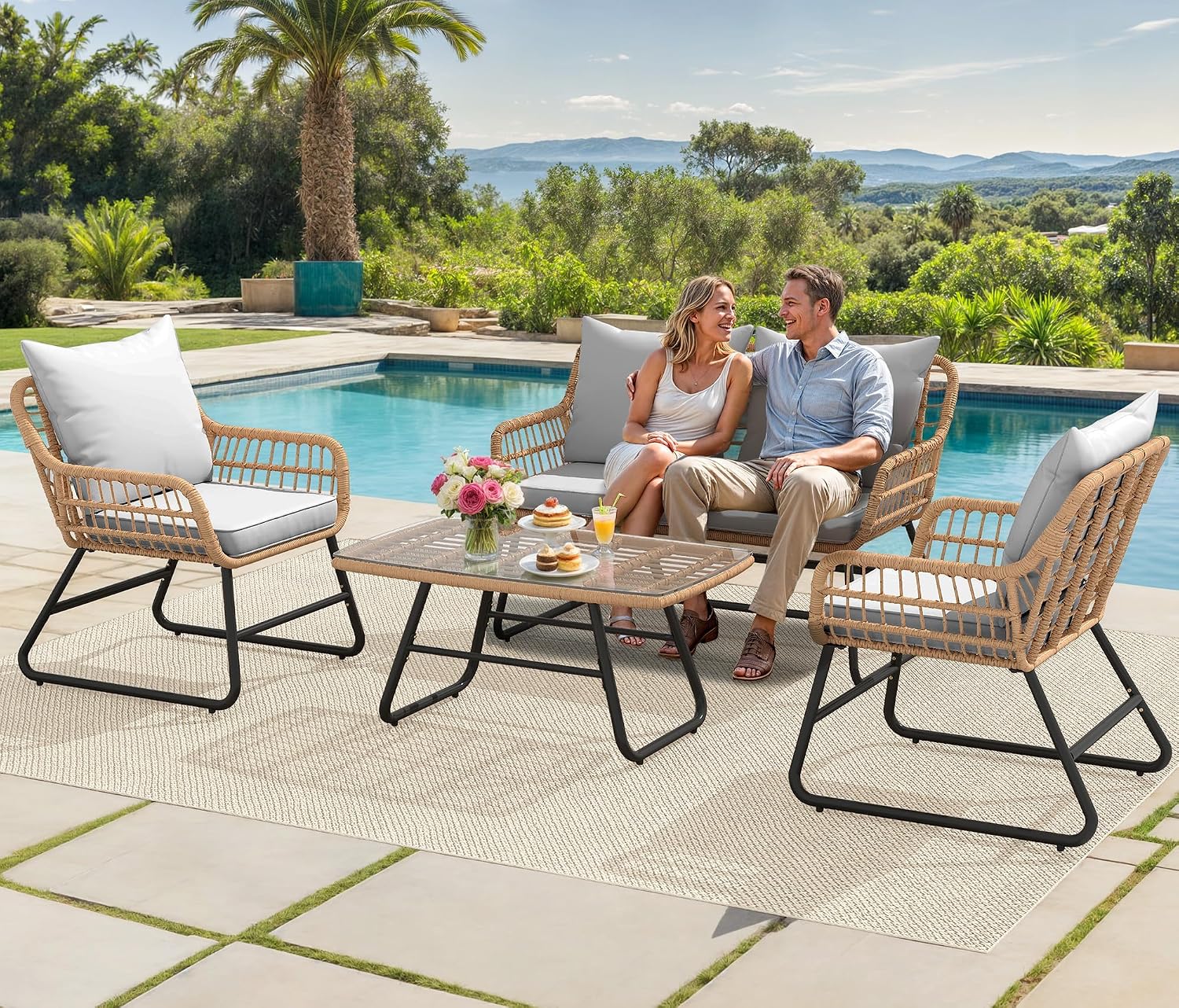 YITAHOME 4-Piece Patio Furniture Set, Wicker Outdoor Bistro Set, All Weather Rattan Patio Conversation Set with Soft Cushions and Glass Side Table for Backyard, Balcony, Deck - Light Grey