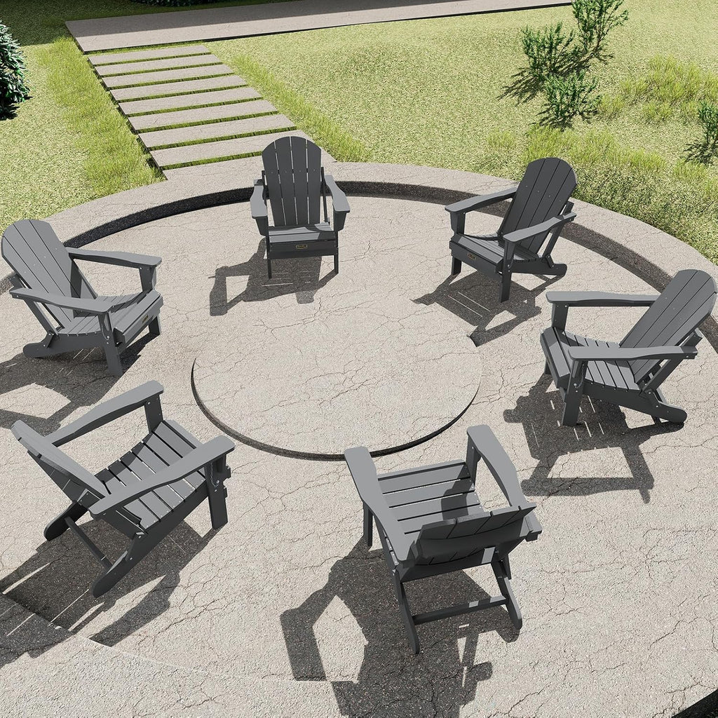 SERWALL Folding Adirondack Chair Set of 6 Weather Resistant Patio Chairs with Wood Texture Fire Pit Chairs- (Folding Gray)