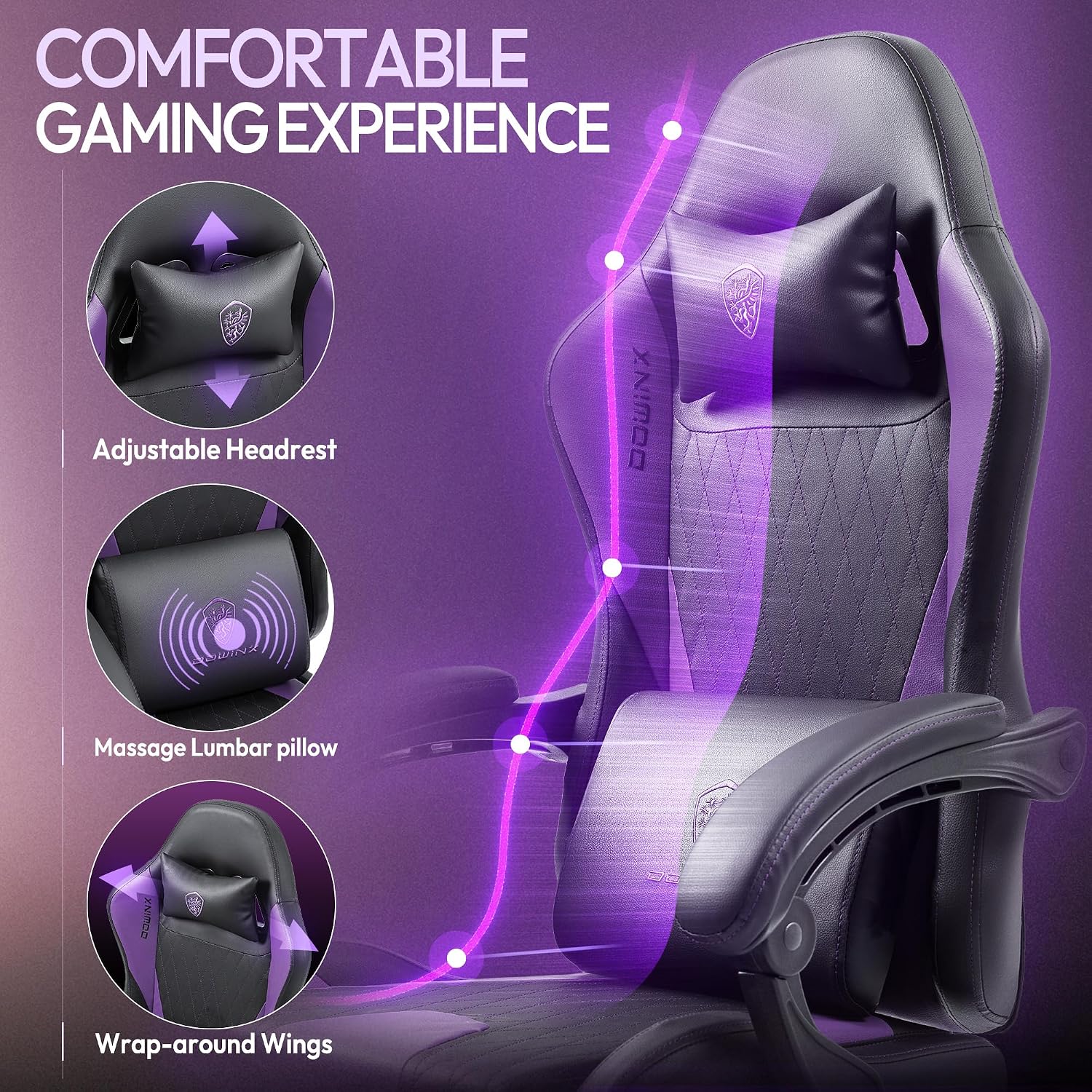 Dowinx Gaming Chair with Massage Lumbar Support and Footrest, Gaming Chairs for Adults, Ergonomic Computer Chair High Back with Pocket Spring Cushion, Swivel Recliner with Headrest, Purple