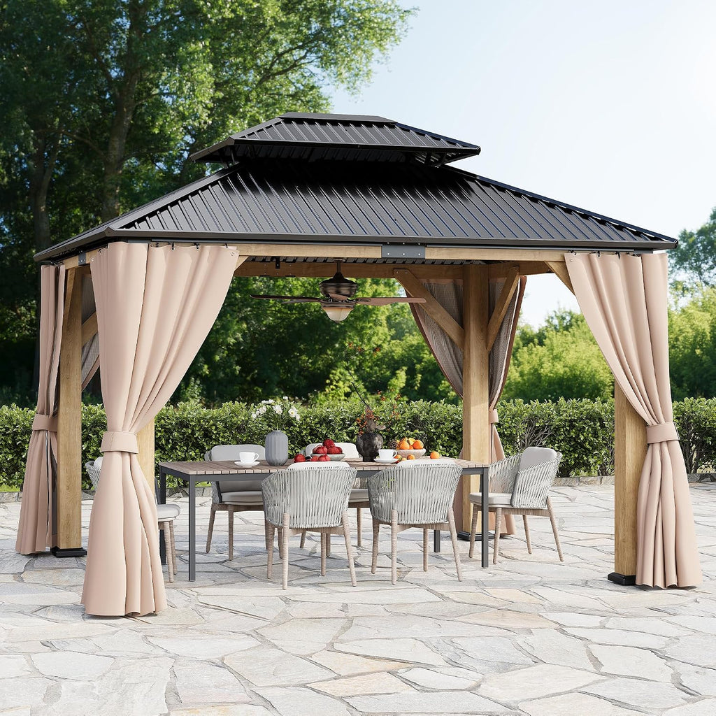 10'x12' Outdoor Wood Gazebo, Wooden Pavilion with Double Galvanized Steel Roof, Hardtop Gazebo with Natural Wood Frame, Curtains & Netting for Patio, Garden, Lawn, Deck, Backyard