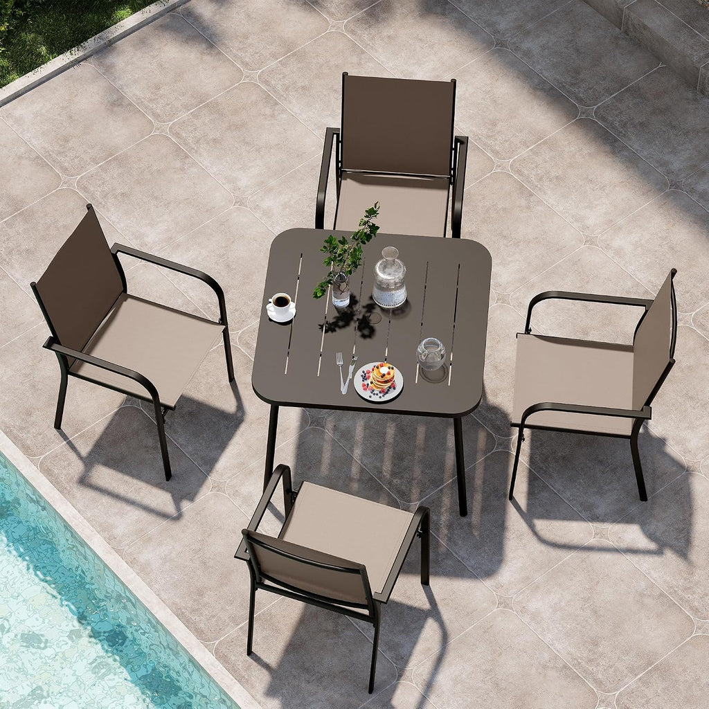 LAUSAINT HOME 5-Piece Outdoor Dining Set, Patio Furniture Set with Textilene Chairs and Square Metal Table, All-Weather Table and Chairs Set with Umbrella Hole for Backyard, Garden, and Poolside