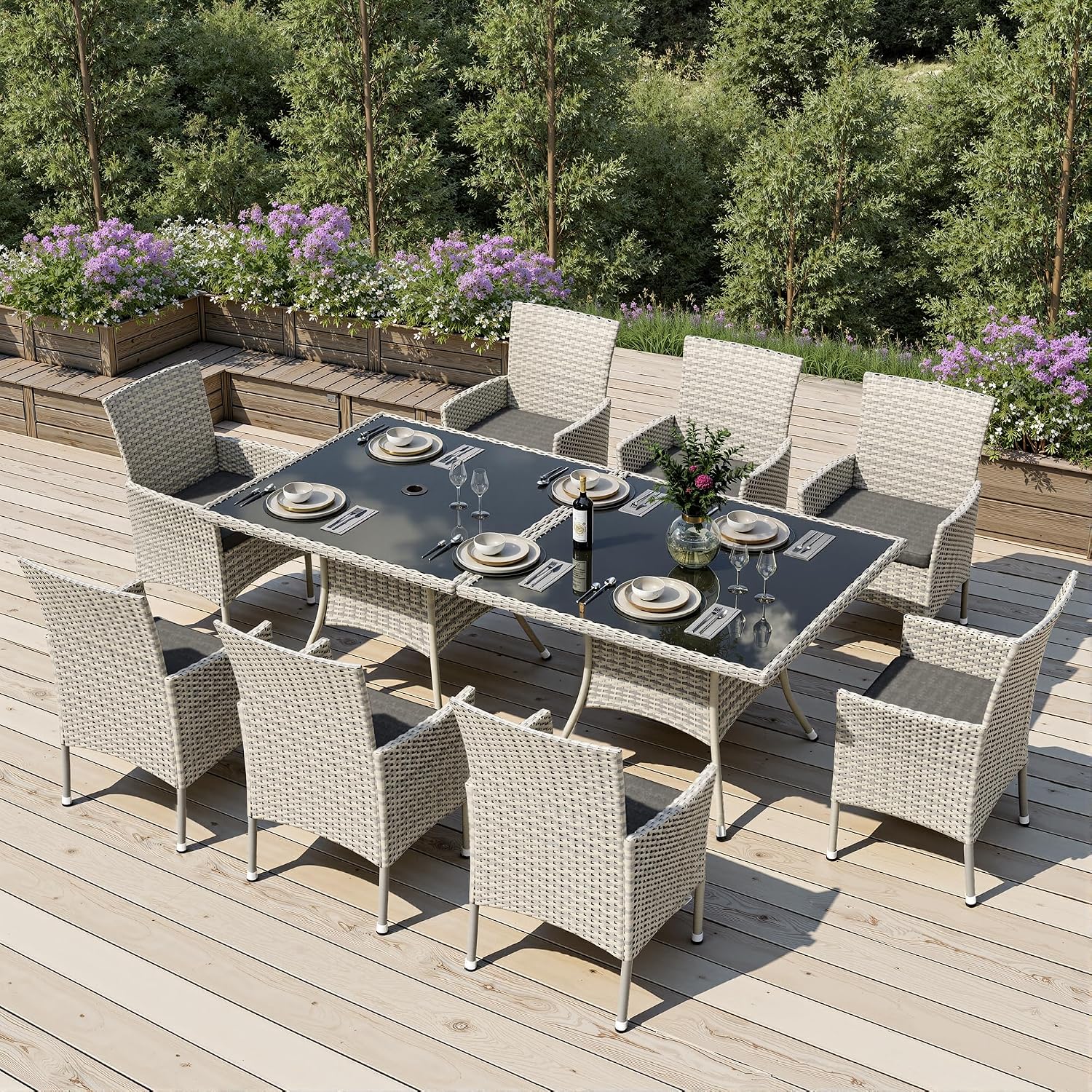 Outdoor Dining Set, 10-Piece Patio Furniture Set with Tempered Glass Table and 8 Cushioned Chairs, Dual-Strand Wicker Rattan, Balcony Furniture for Backyard, Garden, Deck,– Black