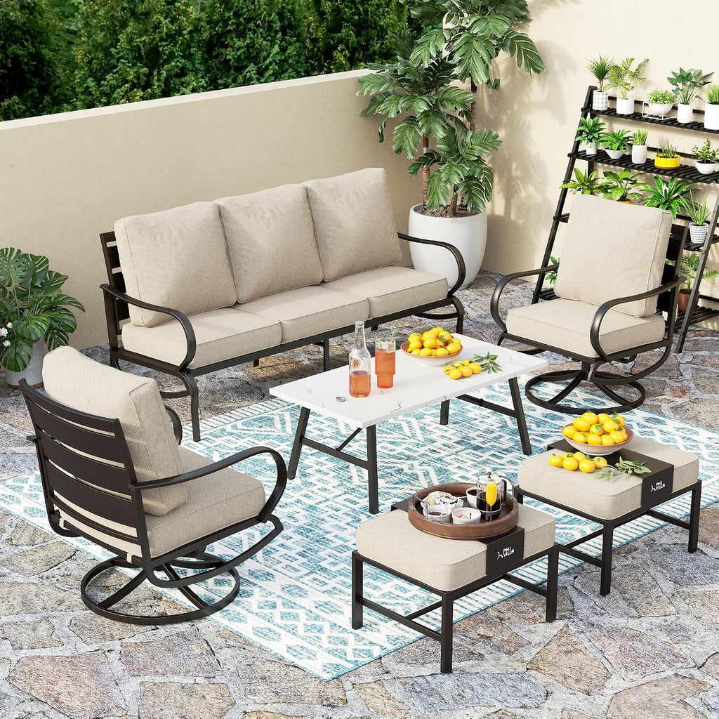 PHI VILLA 6 PCS Outdoor Patio Furniture Sets with 1x 3 Seater 72' Padded Deep Seating Bench, 2 x Cushioned Swivel Armrest Sofa Chairs, 2 x Ottoman and & 1 x Coffee Table for 5-7 Person