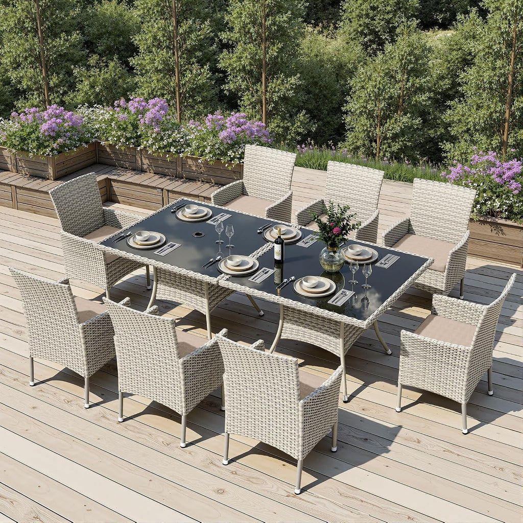 Outdoor Dining Set, 10-Piece Patio Furniture Set with Tempered Glass Table and 8 Cushioned Chairs, Dual-Strand Wicker Rattan, Balcony Furniture for Backyard, Garden, Deck,– Beige