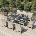 Outdoor Dining Set, 10-Piece Patio Furniture Set with Tempered Glass Table and 8 Cushioned Chairs, Dual-Strand Wicker Rattan, Balcony Furniture for Backyard, Garden, Deck,– Beige