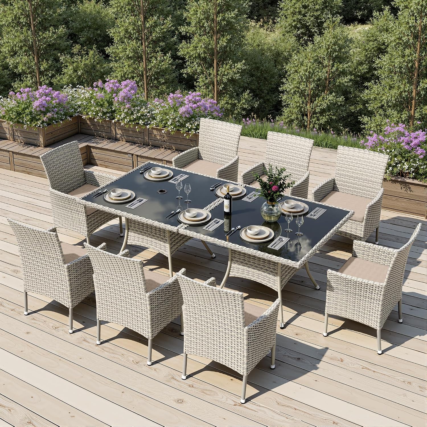 Outdoor Dining Set, 10-Piece Patio Furniture Set with Tempered Glass Table and 8 Cushioned Chairs, Dual-Strand Wicker Rattan, Balcony Furniture for Backyard, Garden, Deck,– Beige