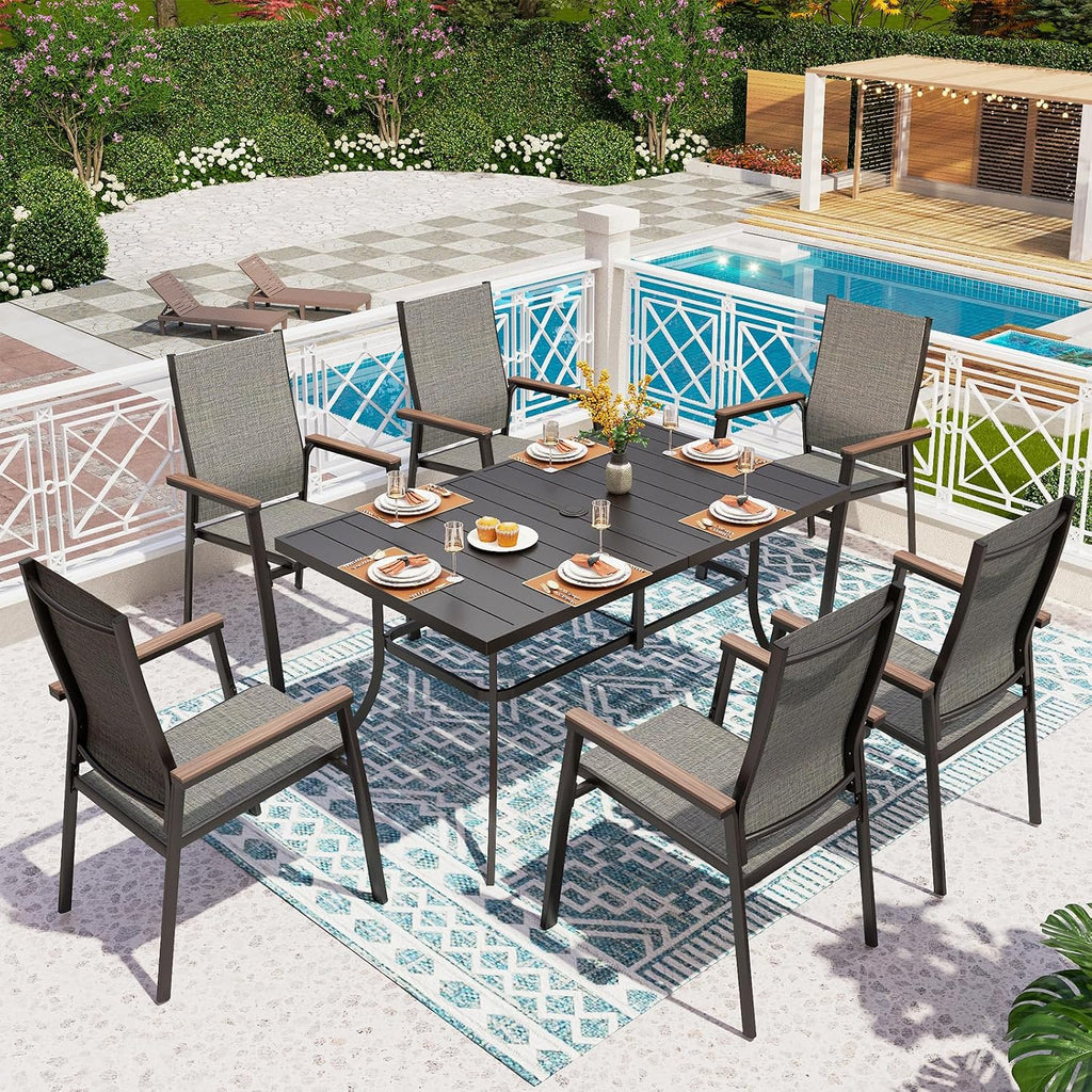 PHI VILLA 7 PCS Patio Dining Set, Outdoor Furniture for 6 Person, Patio Metal Furniture Set with 59'x35.4' Dining Table & 6 Aluminum Stackable Chairs, Patio Sets for Deck Garden Poolside, Grey
