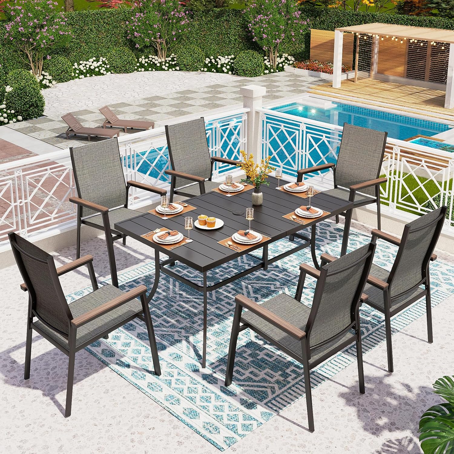 PHI VILLA 7 PCS Patio Dining Set, Outdoor Furniture for 6 Person, Patio Metal Furniture Set with 59'x35.4' Dining Table & 6 Aluminum Stackable Chairs, Patio Sets for Deck Garden Poolside, Grey