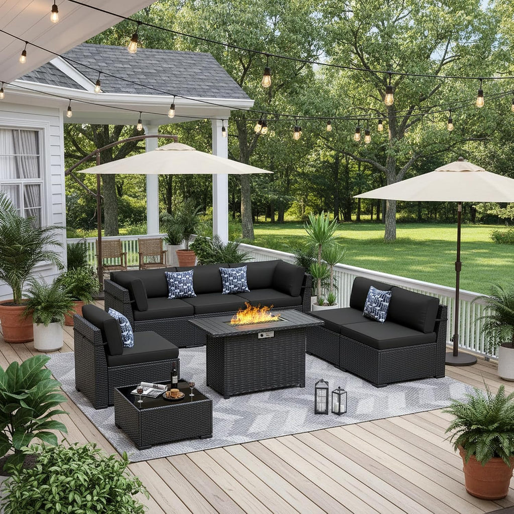 8 Piece Patio Furniture Set with 44' Fire Pit Table All-Weather Wicker Conversation Sectional Sofa & Coffee Table with Thickened Cushions for Backyard, Garden(Black)